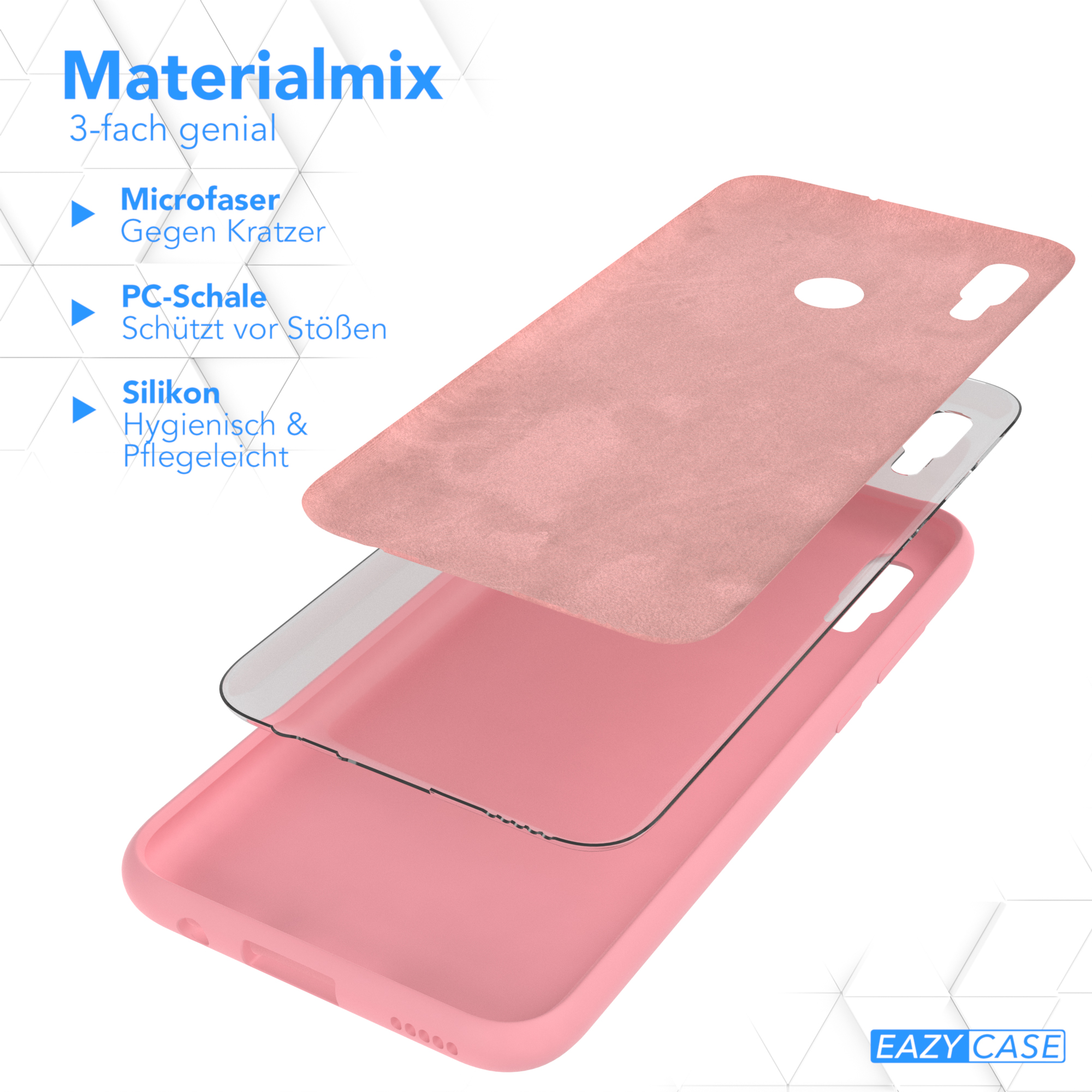 Explodierte Ansicht einer Handyhülle. Rosa Außenschale, klare Innenschicht und rosa Mikrofaser. Text: Materialmix.