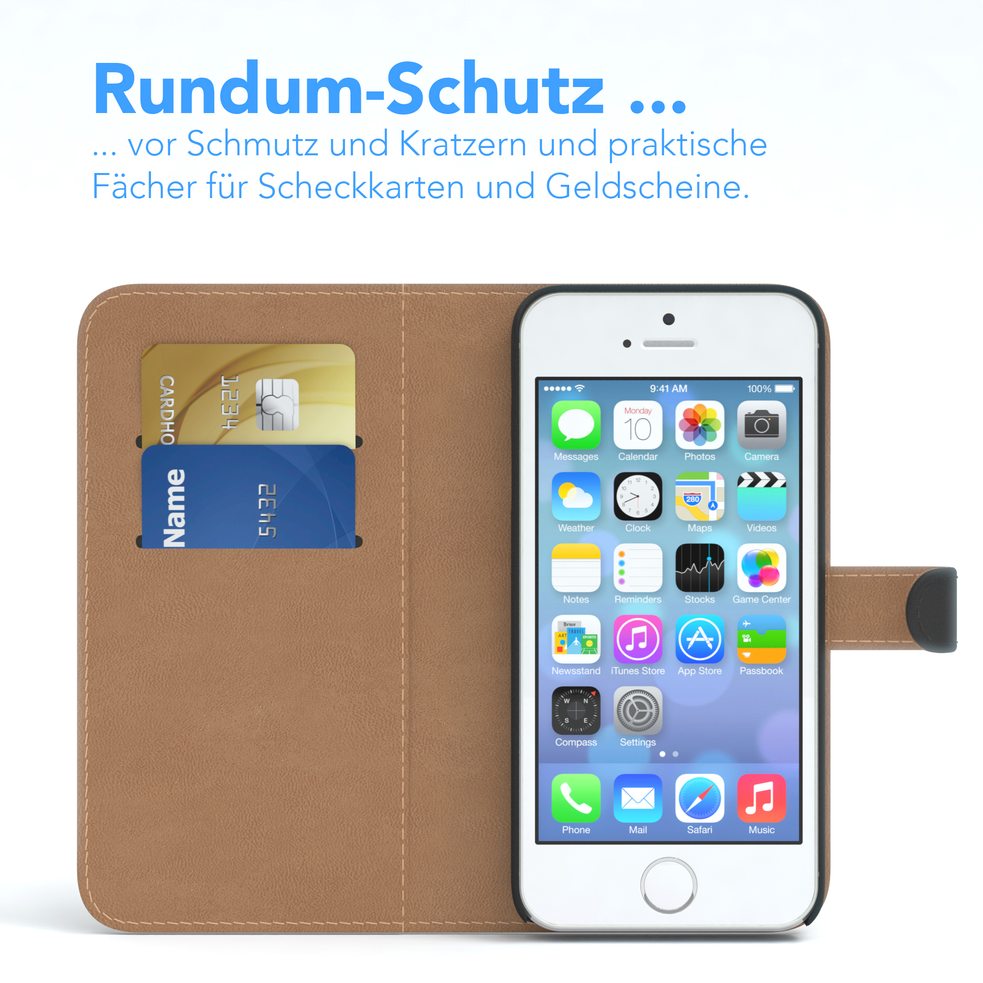 Telefon in einer braunen Brieftaschenhülle. Im Inneren befinden sich Kreditkarten und Bargeld.