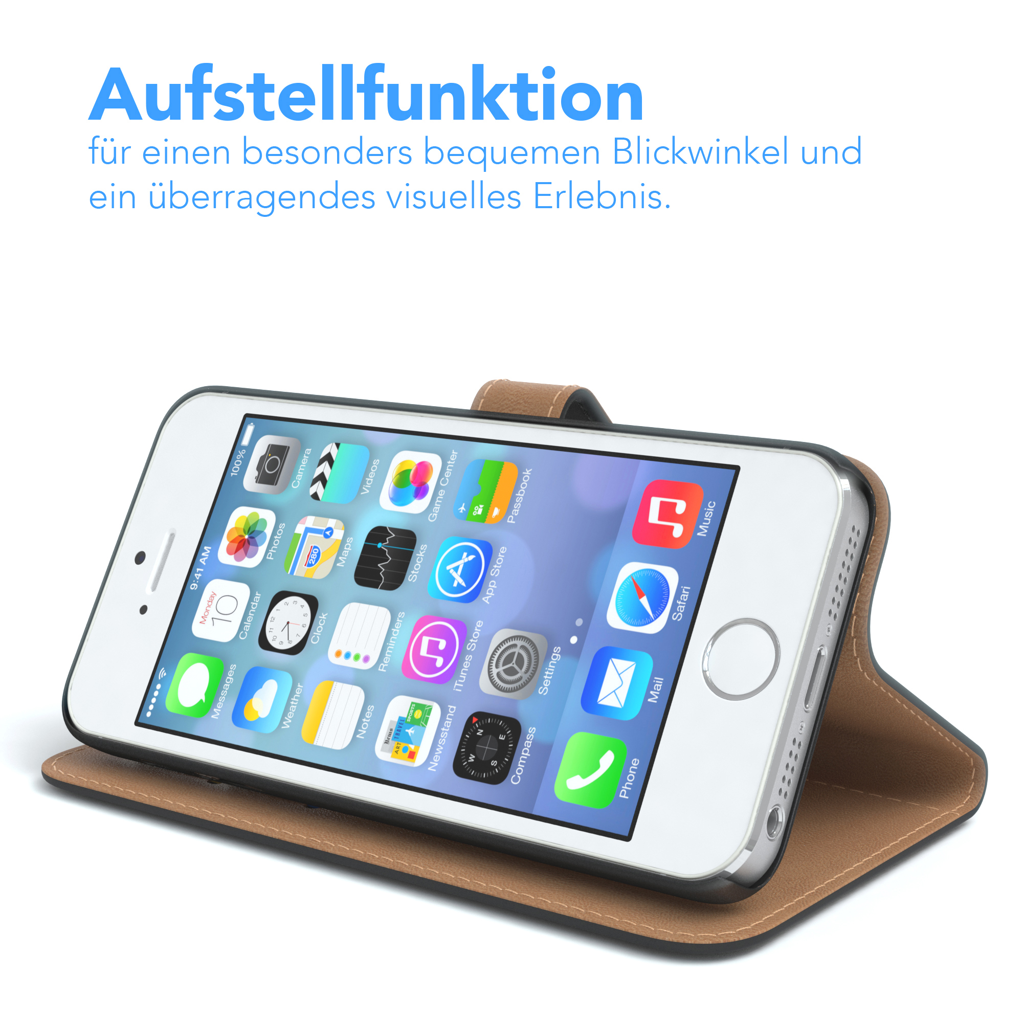 Smartphone in brauner Lederhülle geöffnet, zeigt Bildschirm mit Symbolen. Hülle bietet Standfunktion.