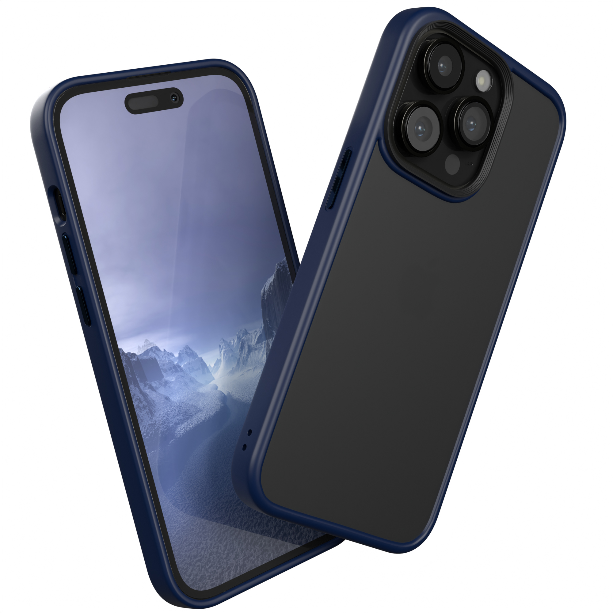 Blau-schwarze Handyhülle mit einem Telefon. Das Telefon hat ein Kamerasystem.