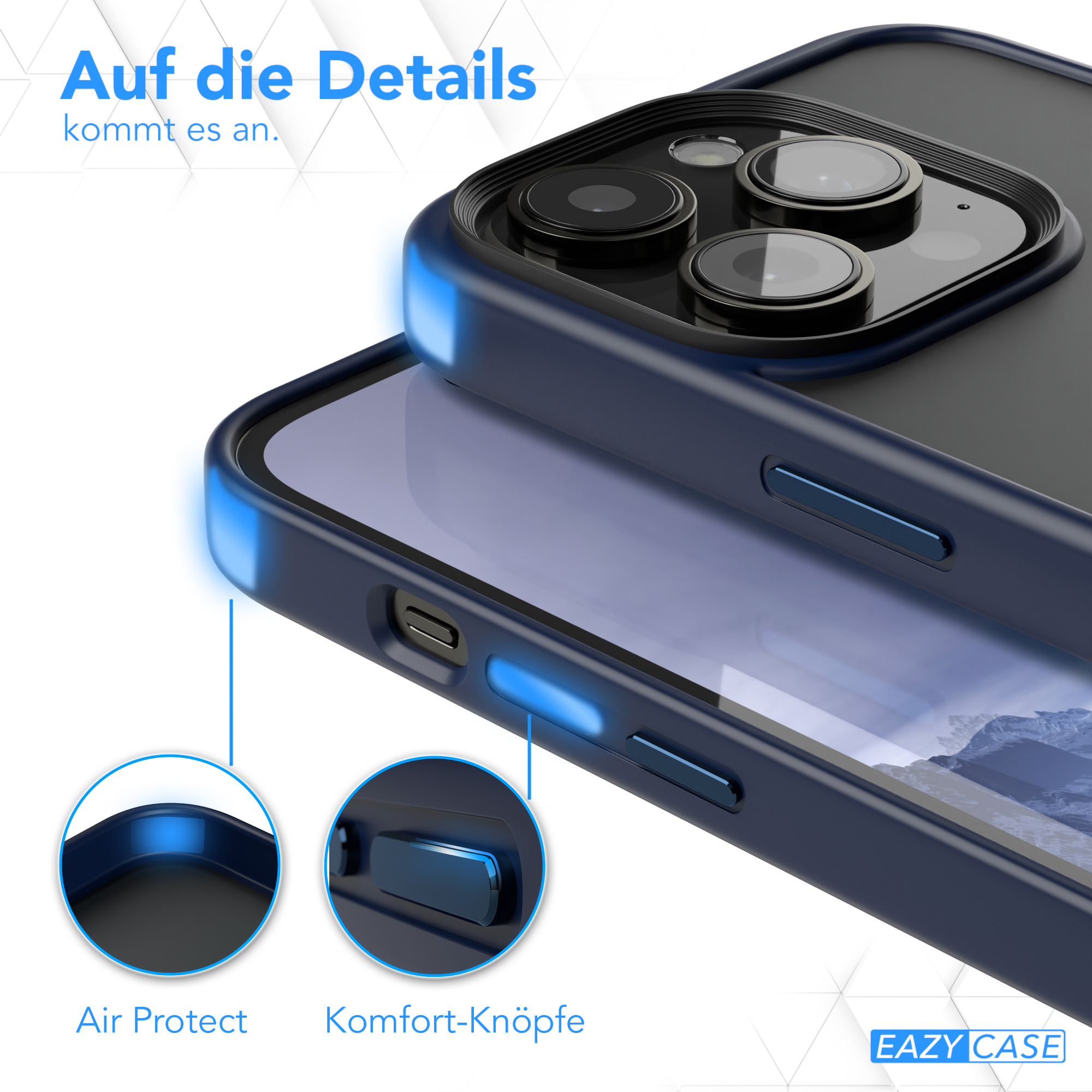 Nahaufnahme der Handyhülle. Air Protect und Komfort-Buttons sind blau hervorgehoben.