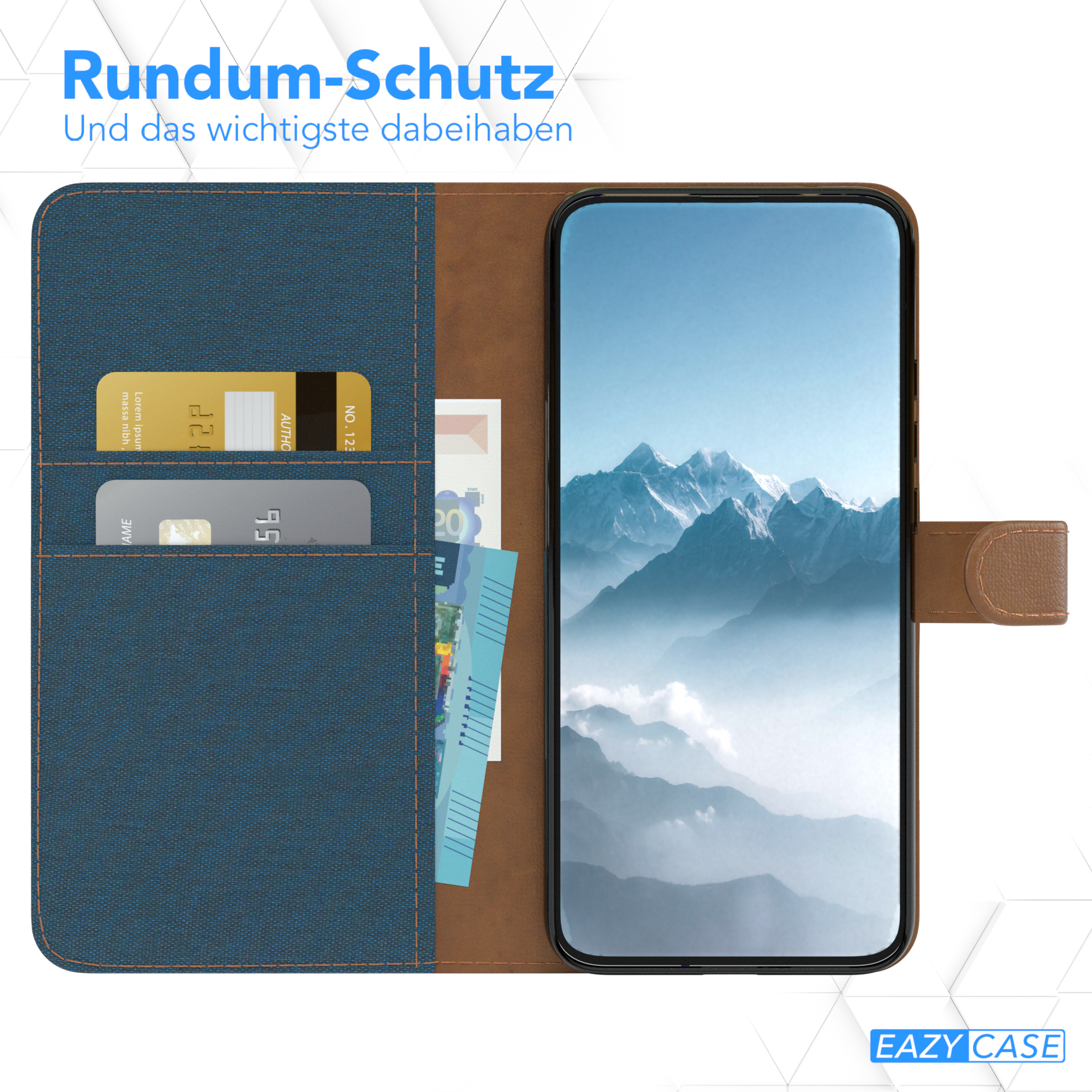 Handyhülle mit Kartenfächern und Geld. Das Telefon zeigt ein Bild an.