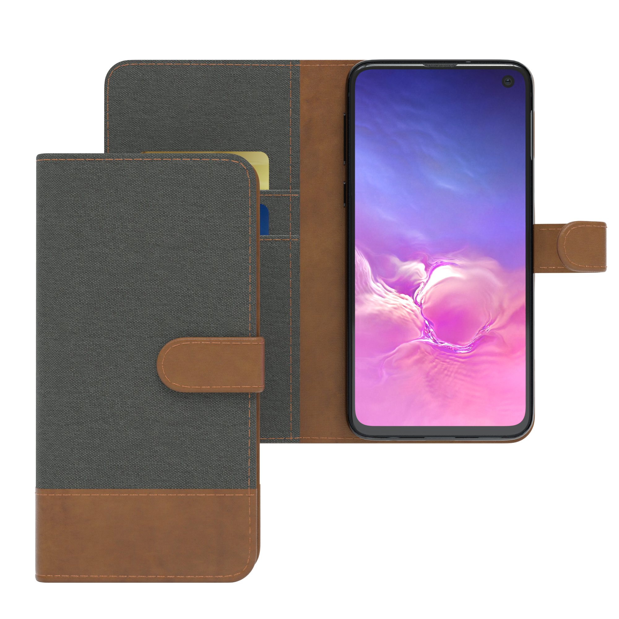 Geöffnete Handyhülle mit einem Telefon darin. Die Hülle ist grau und braun. Es ist eine Karte in der Hülle.