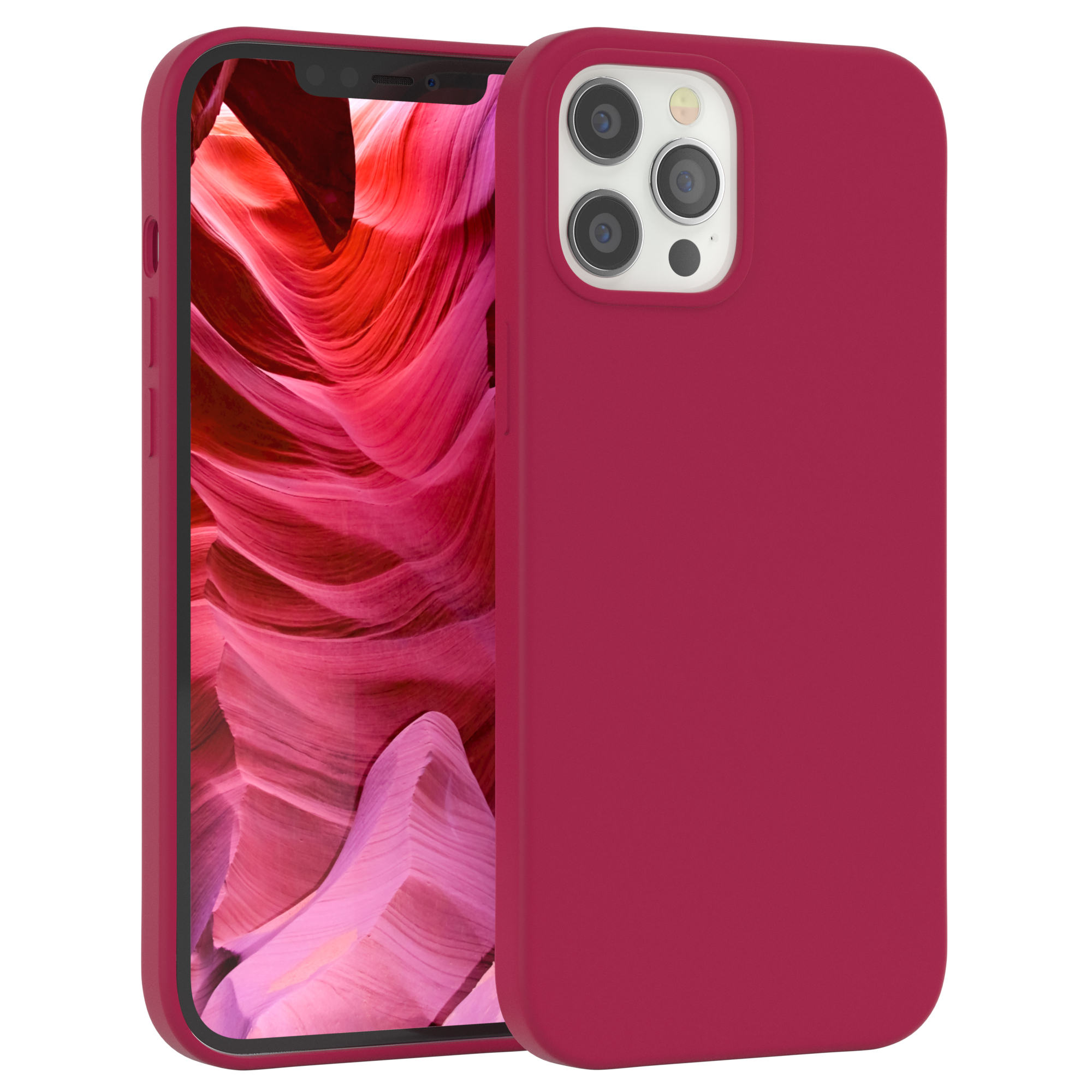 Rotes Telefon in roter Hülle. Das Telefon hat eine Kameraausbuchtung.