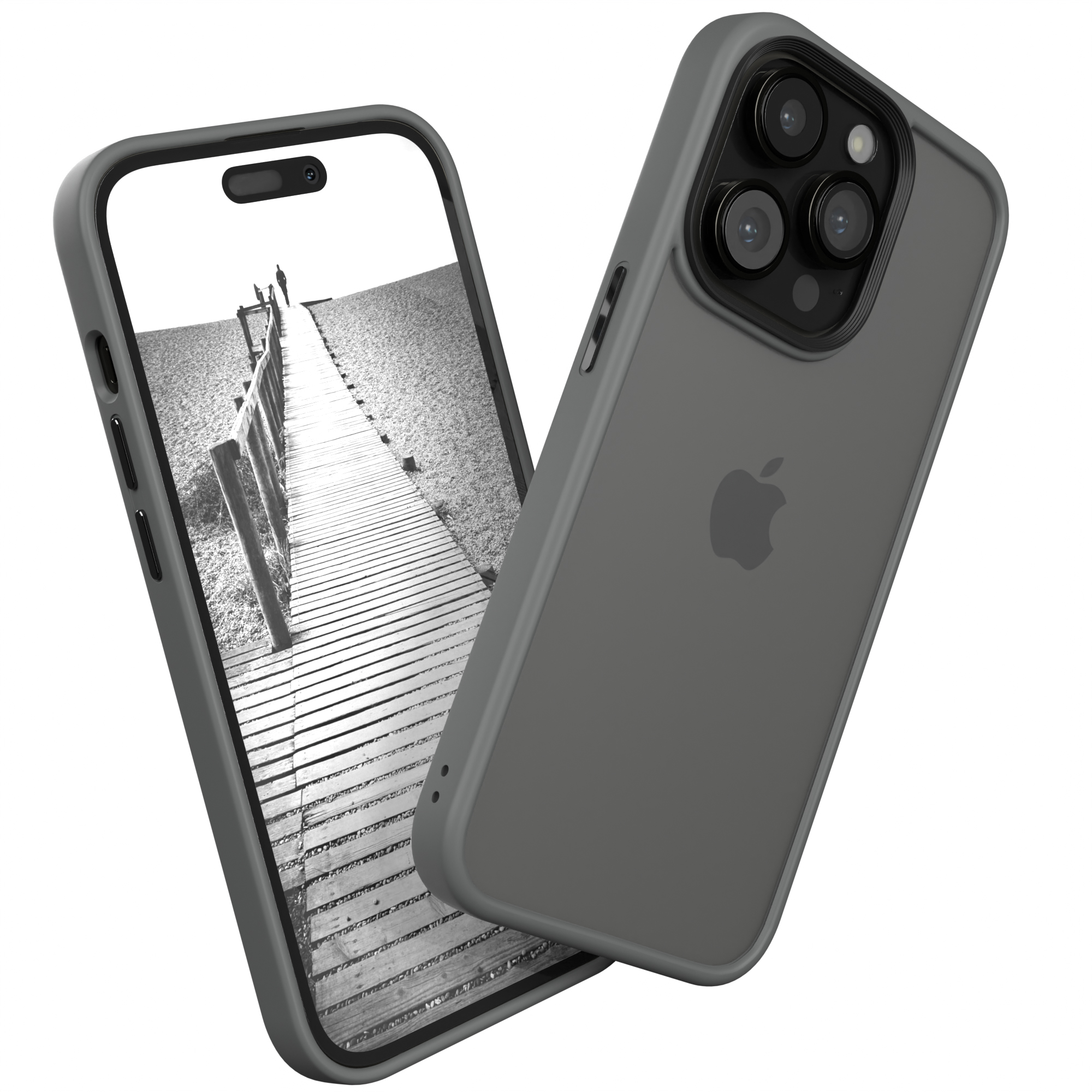 Graue Handyhülle auf weißem Grund. Telefon zeigt Brückenszene, anderes Telefon mit Apple-Logo.