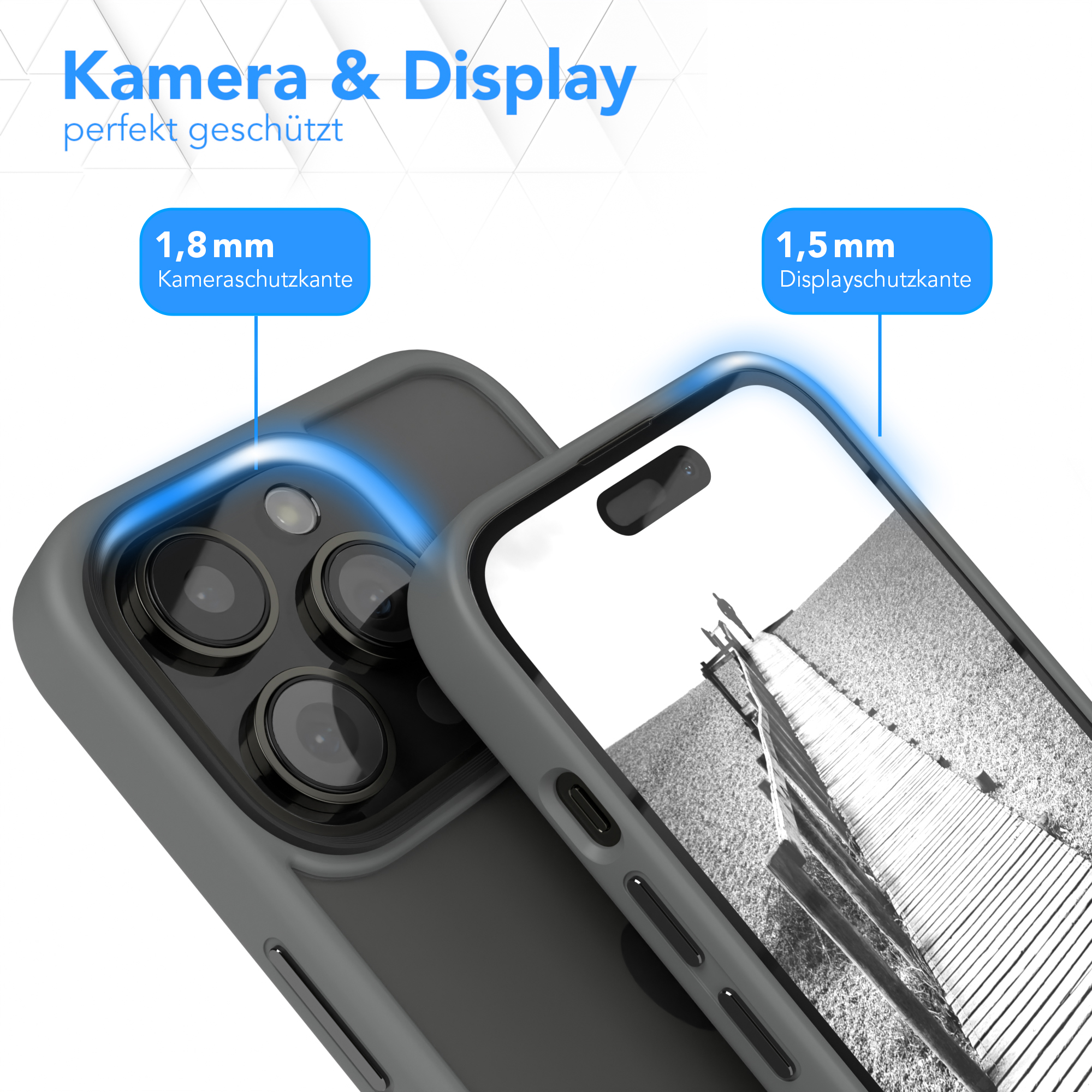 Nahaufnahme von zwei Handyhüllen. Text: 'Kamera & Display'. Eine zeigt eine Brücke.