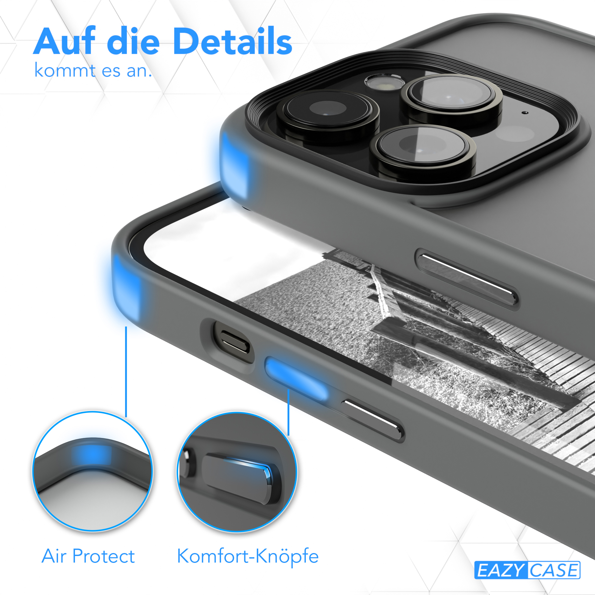 Nahaufnahme einer grauen Handyhülle mit blau hervorgehobenen Knöpfen und Aussparungen.