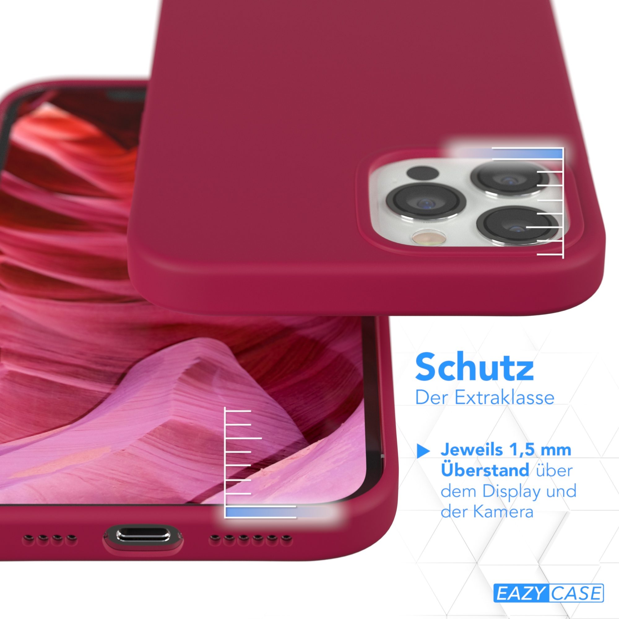 Eine rote Handyhülle mit sichtbaren Messungen. Die Hülle schützt Bildschirm und Kamera des Telefons mit 1,5 mm Schutz.