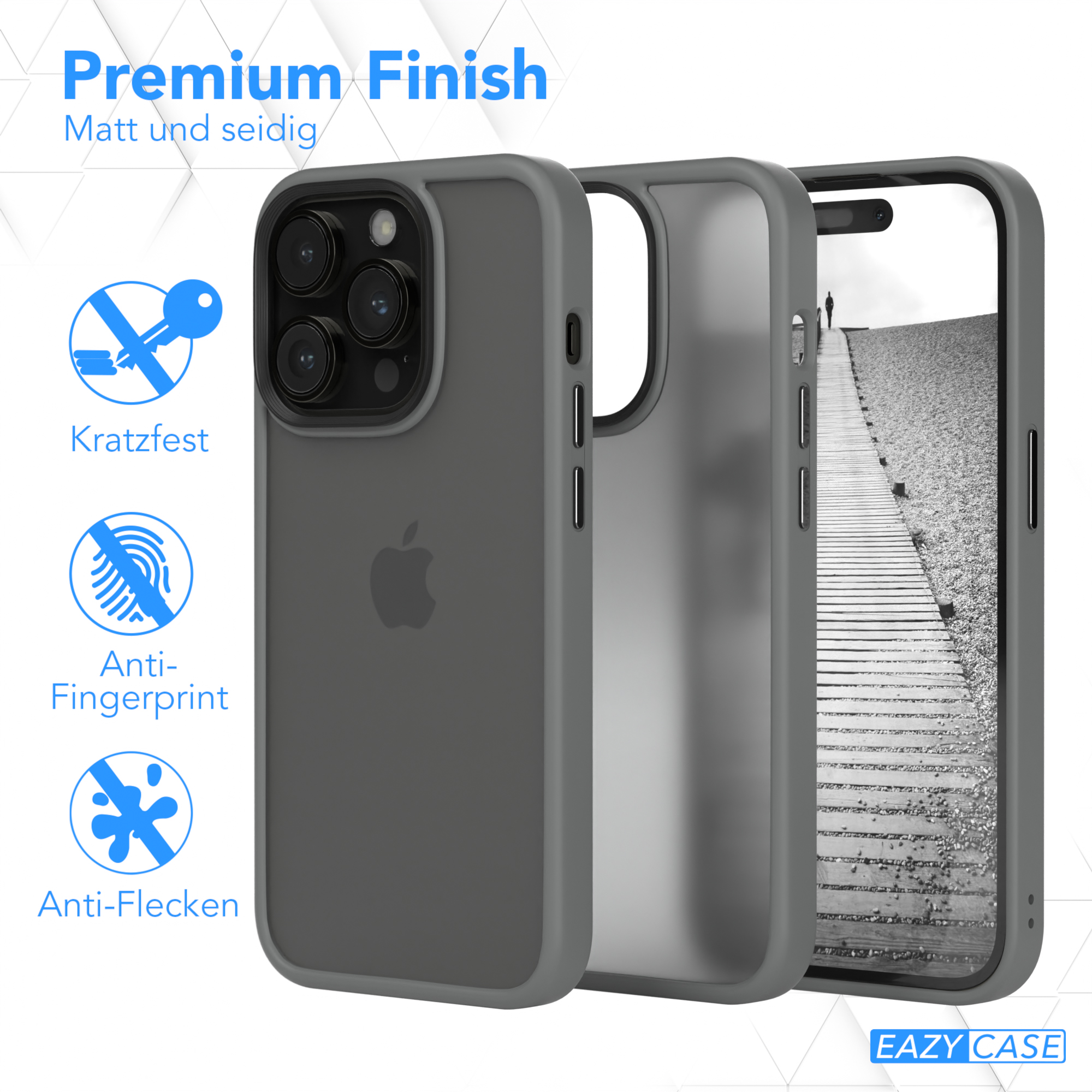 Handyhülle mit drei Schichten. Text: Premium Finish. Anti-Fingerprint, Anti-Flecken und kratzfest.
