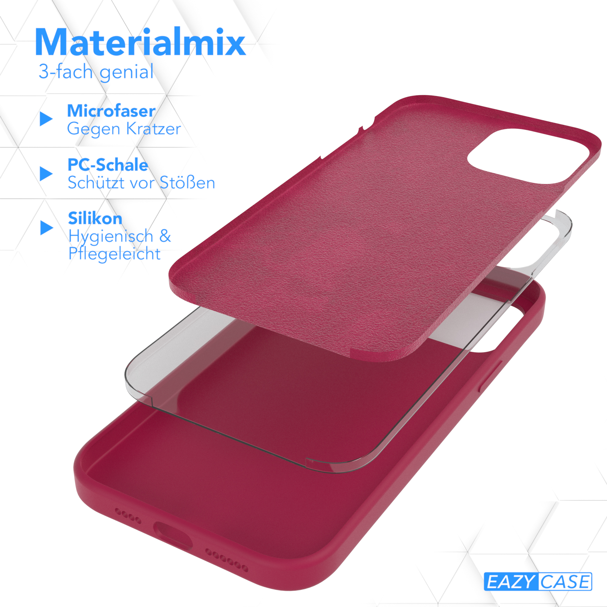 Zerlegte Handyhülle. Texte: Materialmix, Microfaser, PC-Schale, Silikon. Farben: Rot, weiß, gelb.