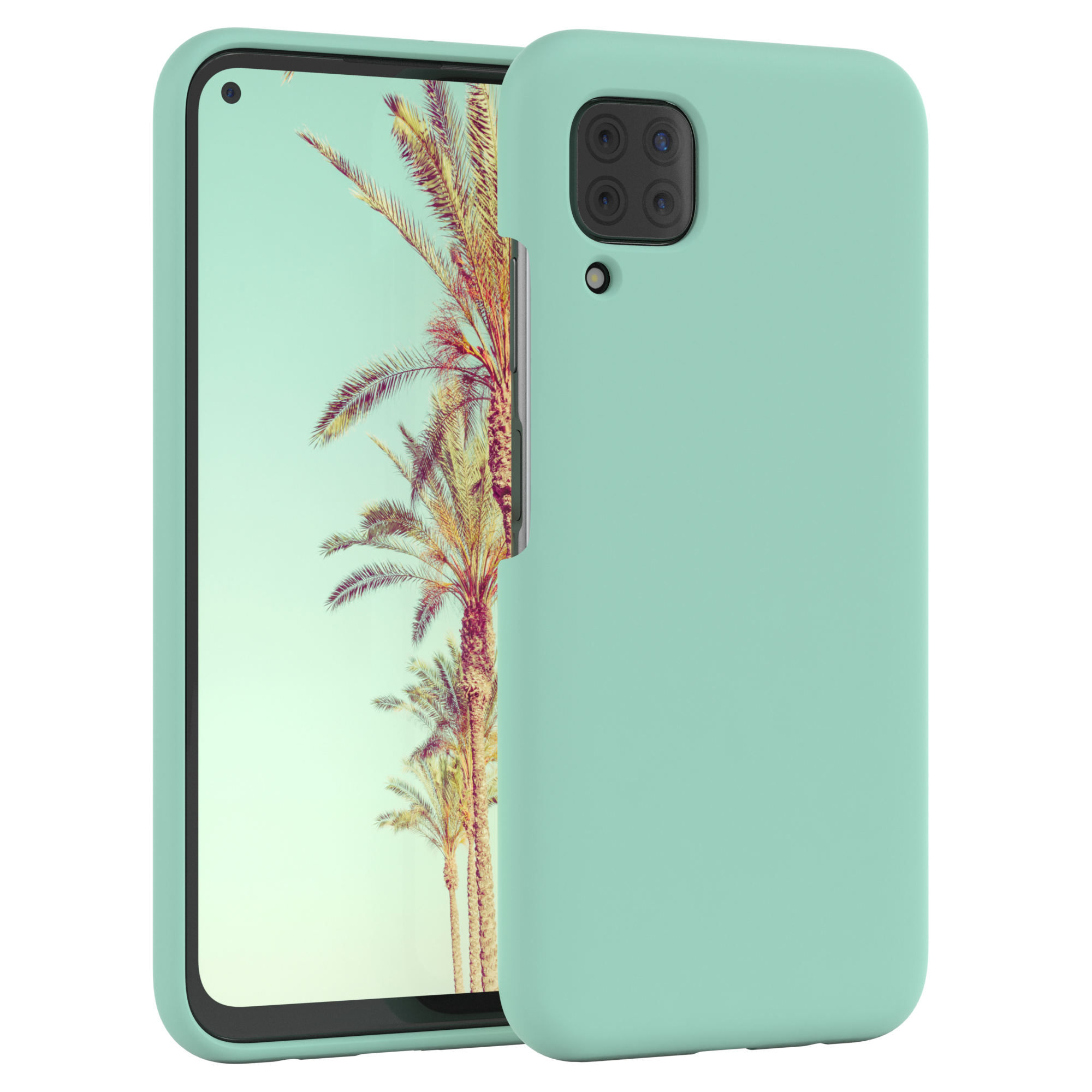 Minzfarbene Handyhülle mit Telefon. Hintergrund ist eine Strandszene.