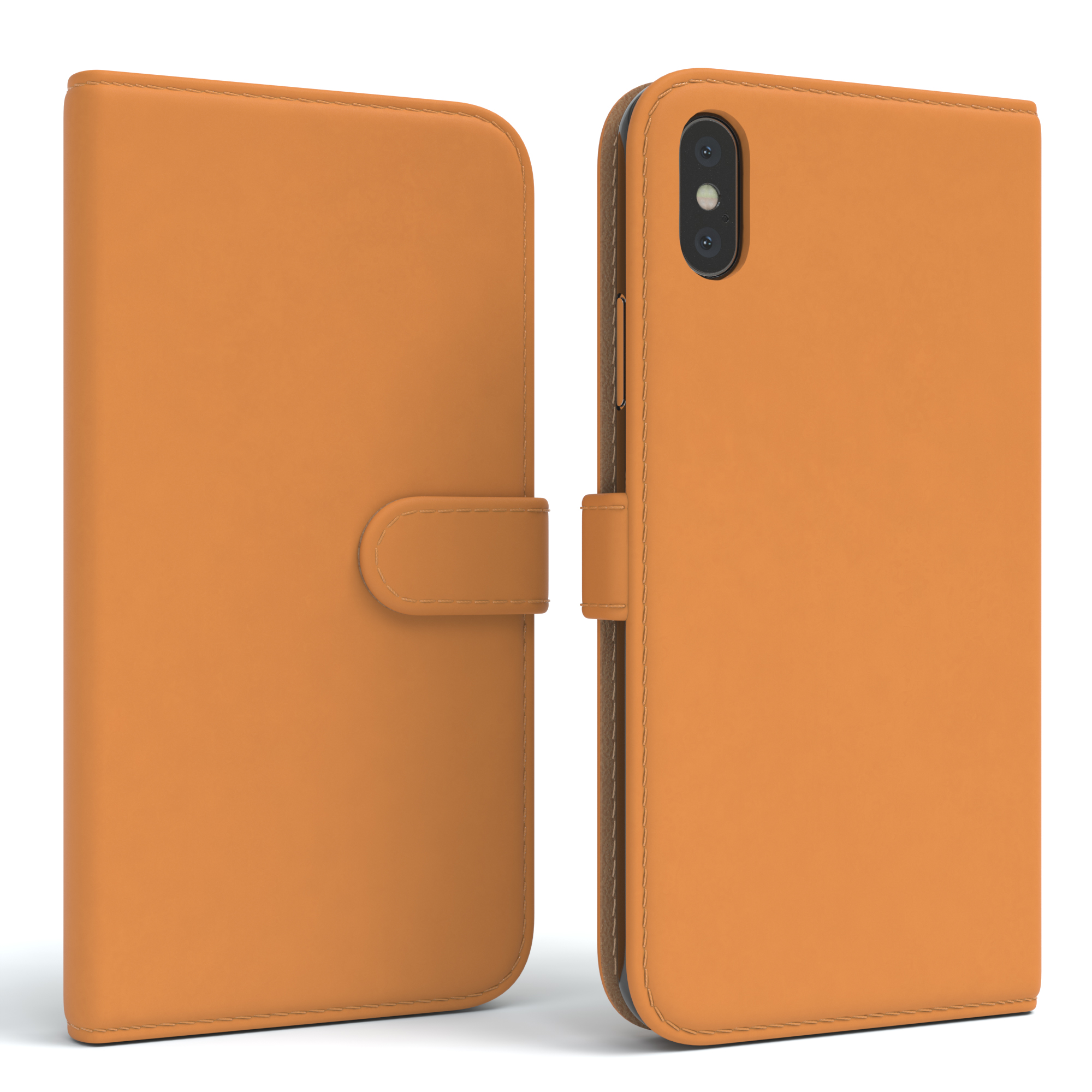 Orangefarbene Handyhülle, geschlossen und geöffnet.