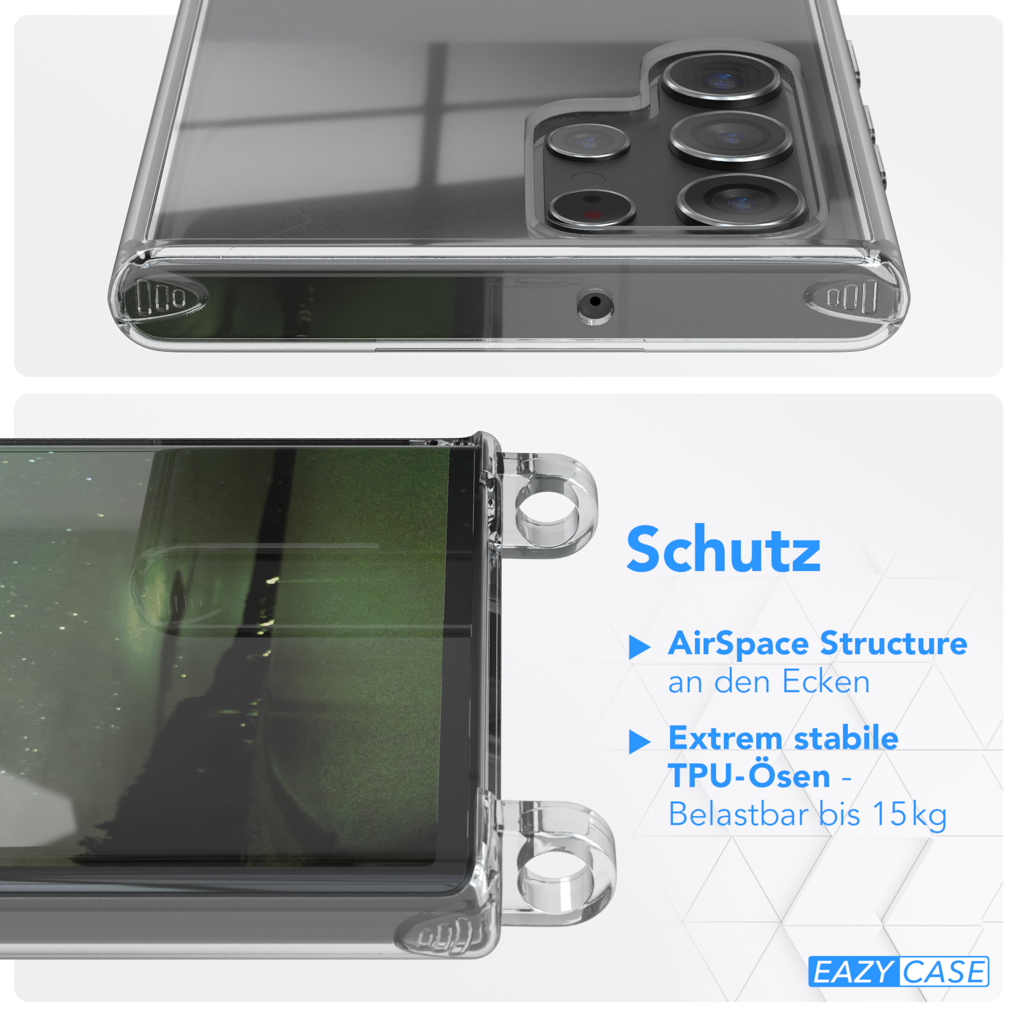 Nahaufnahme einer Handyhülle mit Schutzfunktionen: AirSpace Structure und TPU-Ösen.