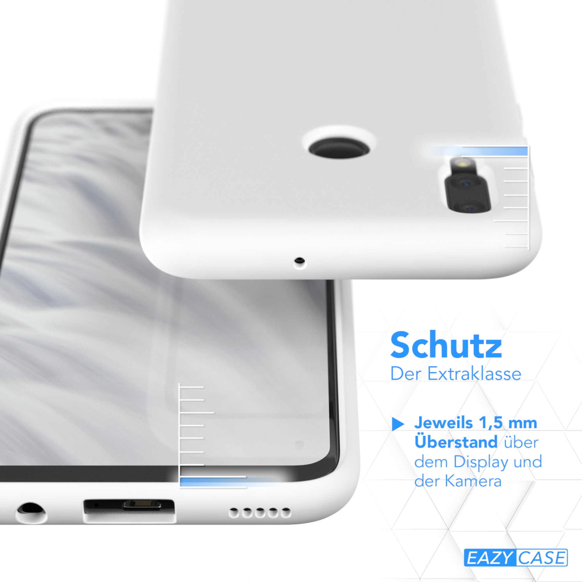 Weißes Handyhülle, zeigt Schutz von 1,5 mm über Display und Kamera.