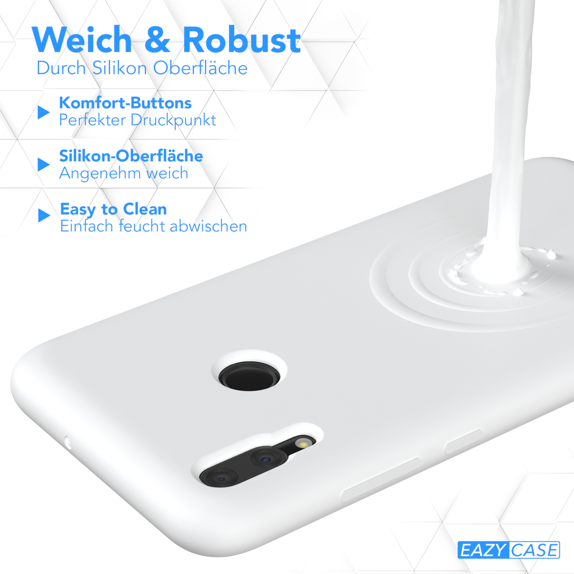 Weißes Handycase mit Flüssigkeit, die darauf gegossen wird. Text hebt Features hervor.