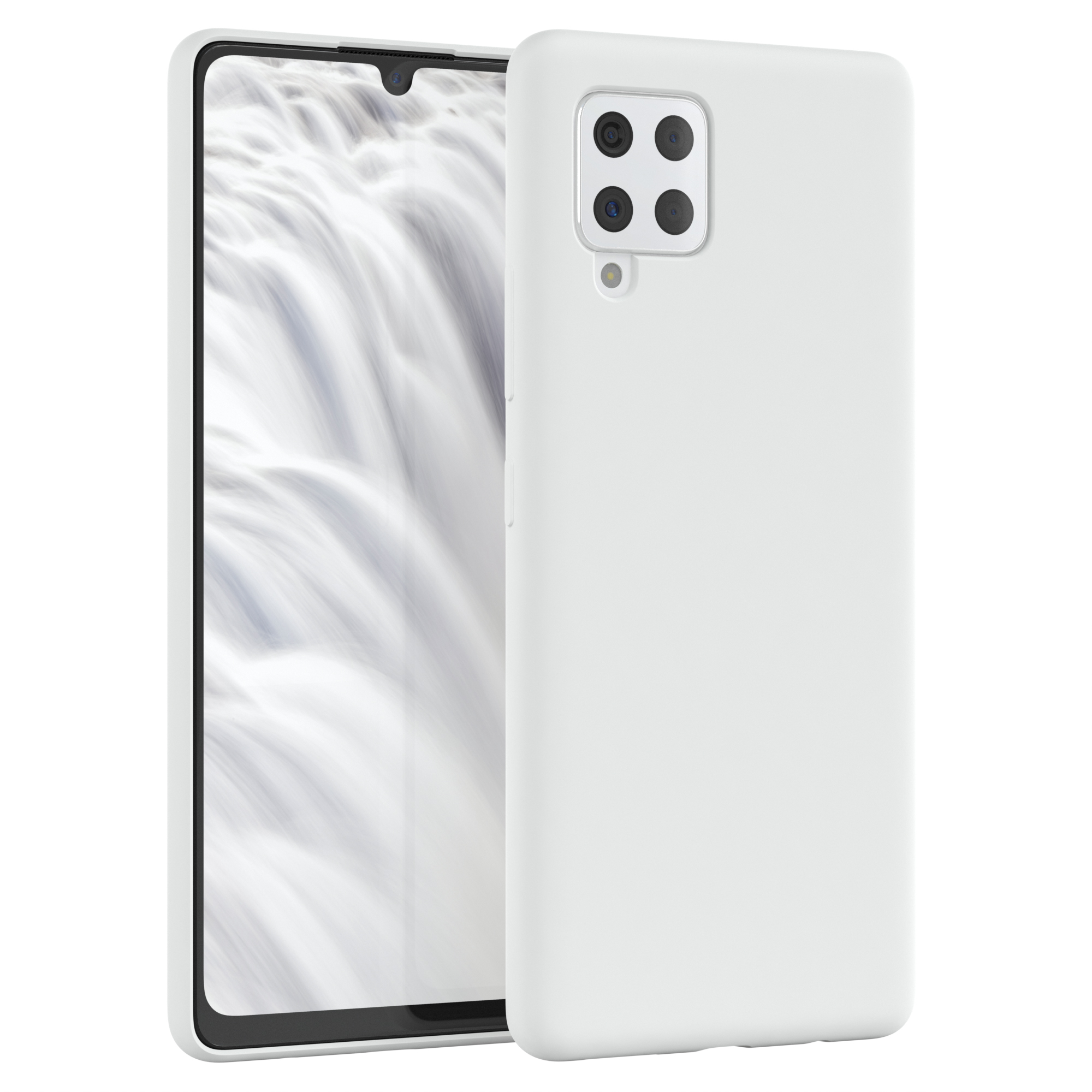 Weiße Handyhülle mit Telefon. Das Telefon hat einen Blumenhintergrund. Die Kamera ist sichtbar.
