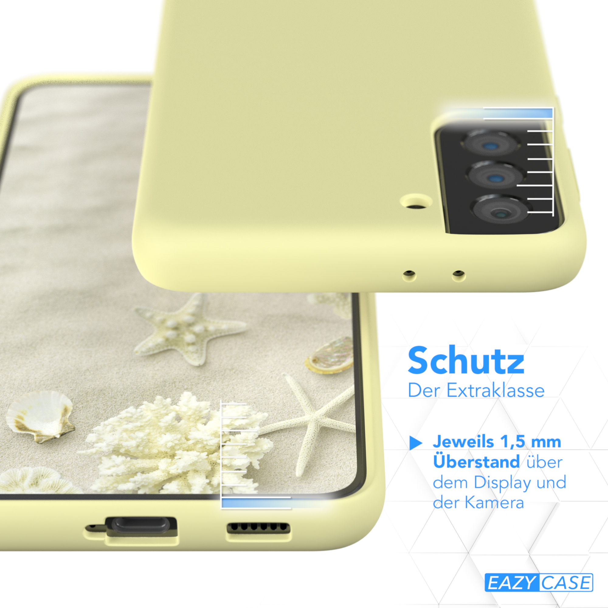 Gelbe Handyhülle, Nahaufnahme, mit einem Hintergrund aus Muscheln.