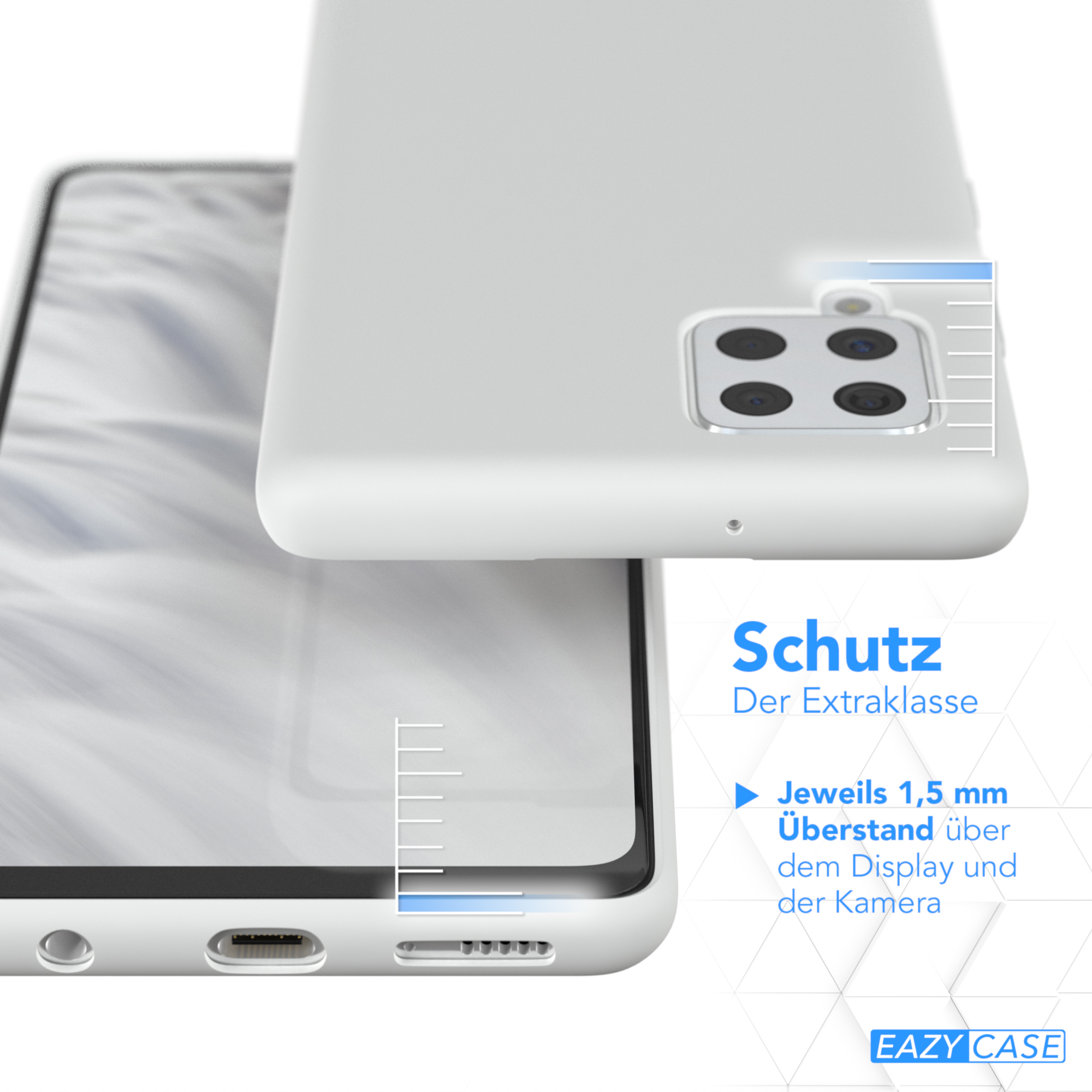 Weiße Handyhülle Nahaufnahme. Hülle bedeckt das Telefon. Display und Kamera sind sichtbar. Weißer Hintergrund.