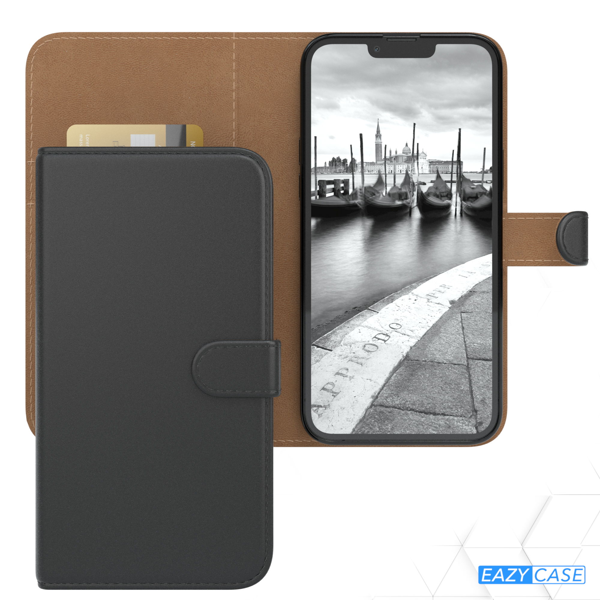 Geöffnete schwarze Handyhülle, zeigt ein Telefon mit Schwarz-Weiß-Bild von Gondeln.