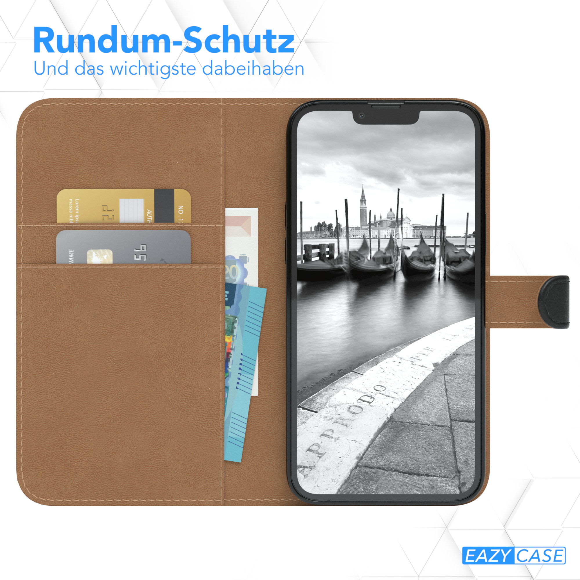 Eine Handyhülle mit Karten und einem Telefon darin, mit einer Landschaft im Hintergrund.