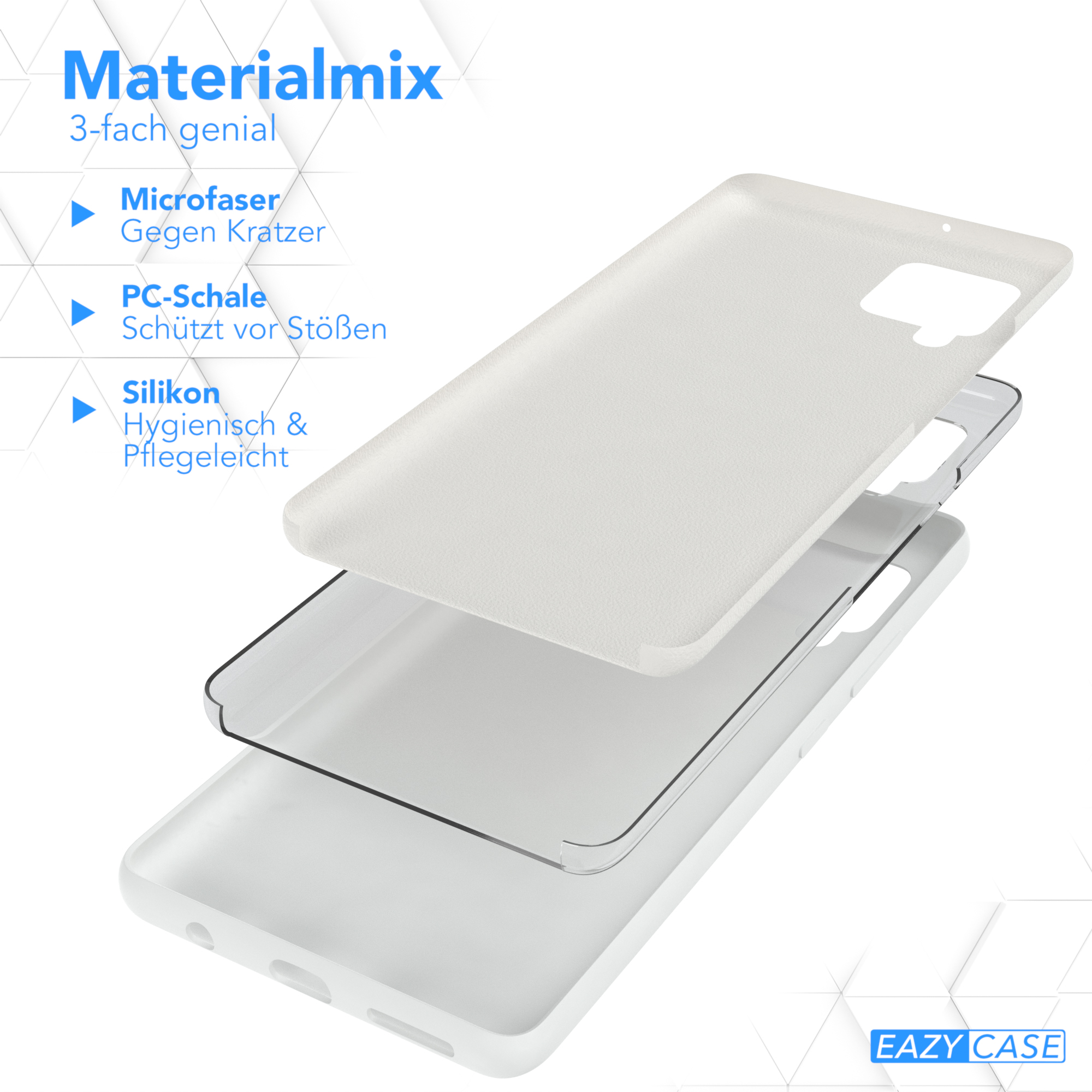 Weiße Handyhülle mit drei Schichten: Mikrofaser, PC-Schale und Silikon. Text: Materialmix, 3-fach genial.