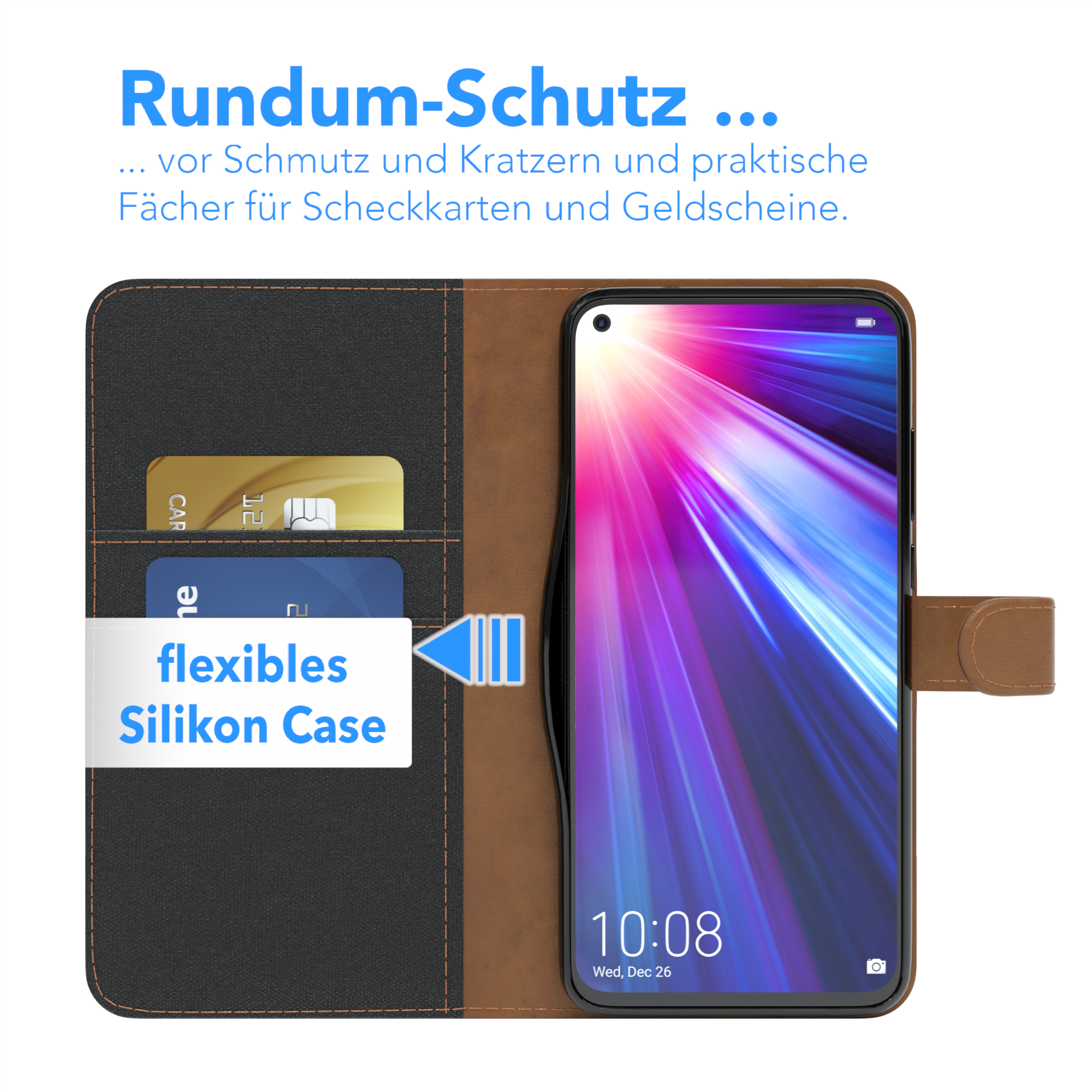 Geöffnete Handyhülle mit Karten und Telefon, Text oben und links.