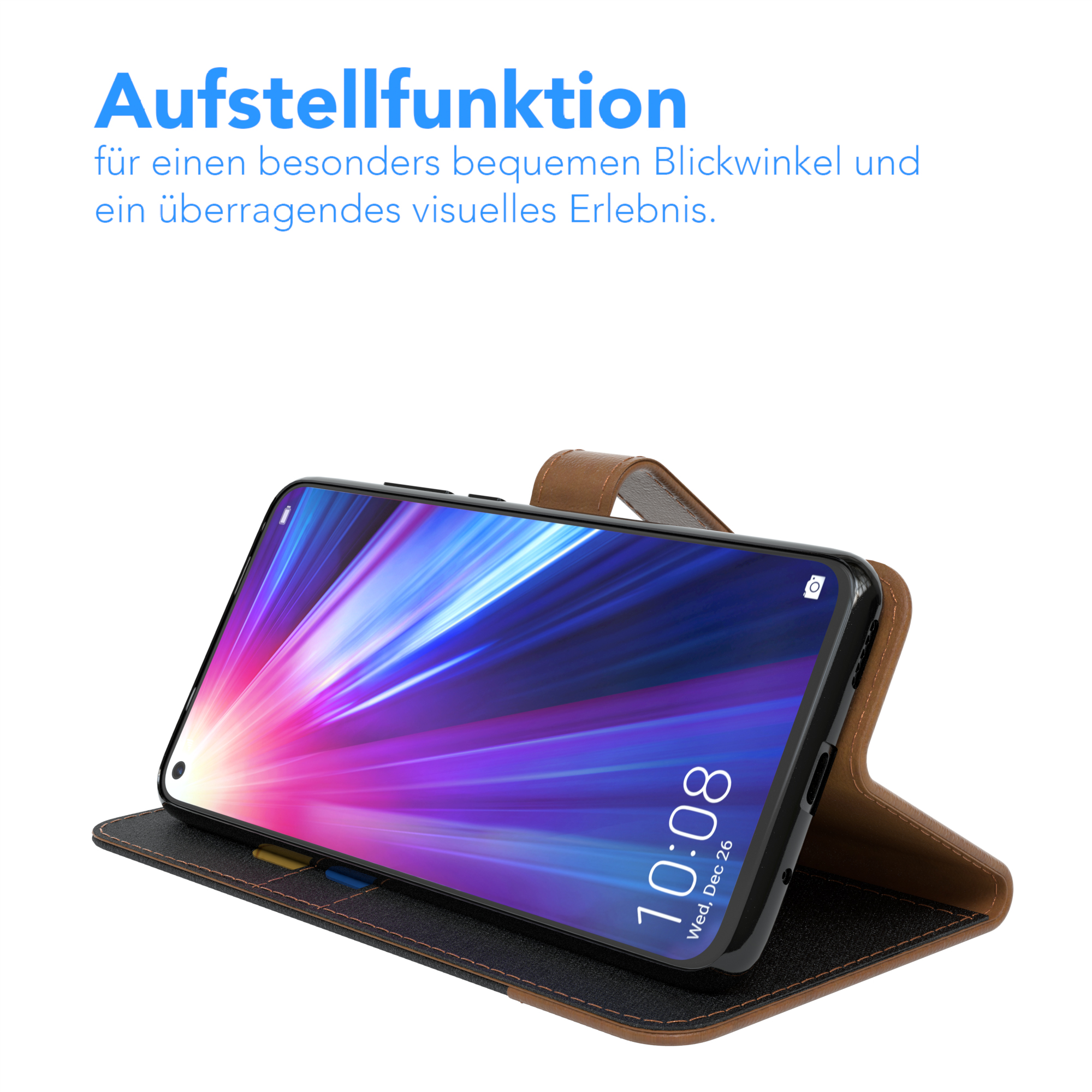 Smartphone in einer braunen Lederhülle, hochgestellt, um den Bildschirm anzuzeigen.