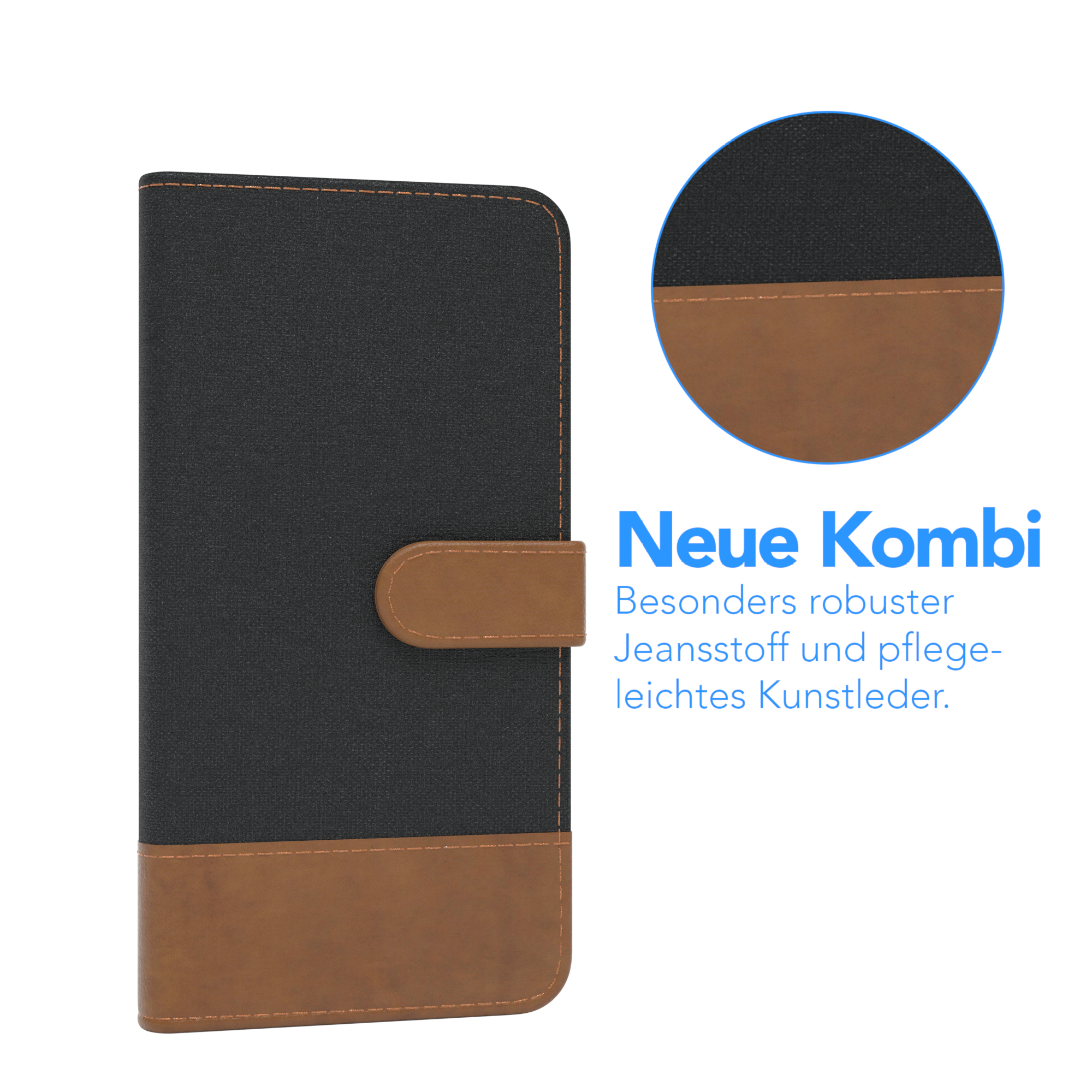 Schwarz-braune Handyhülle mit Text: Neue Kombi, robuster Jeansstoff und pflegeleichtes Kunstleder.