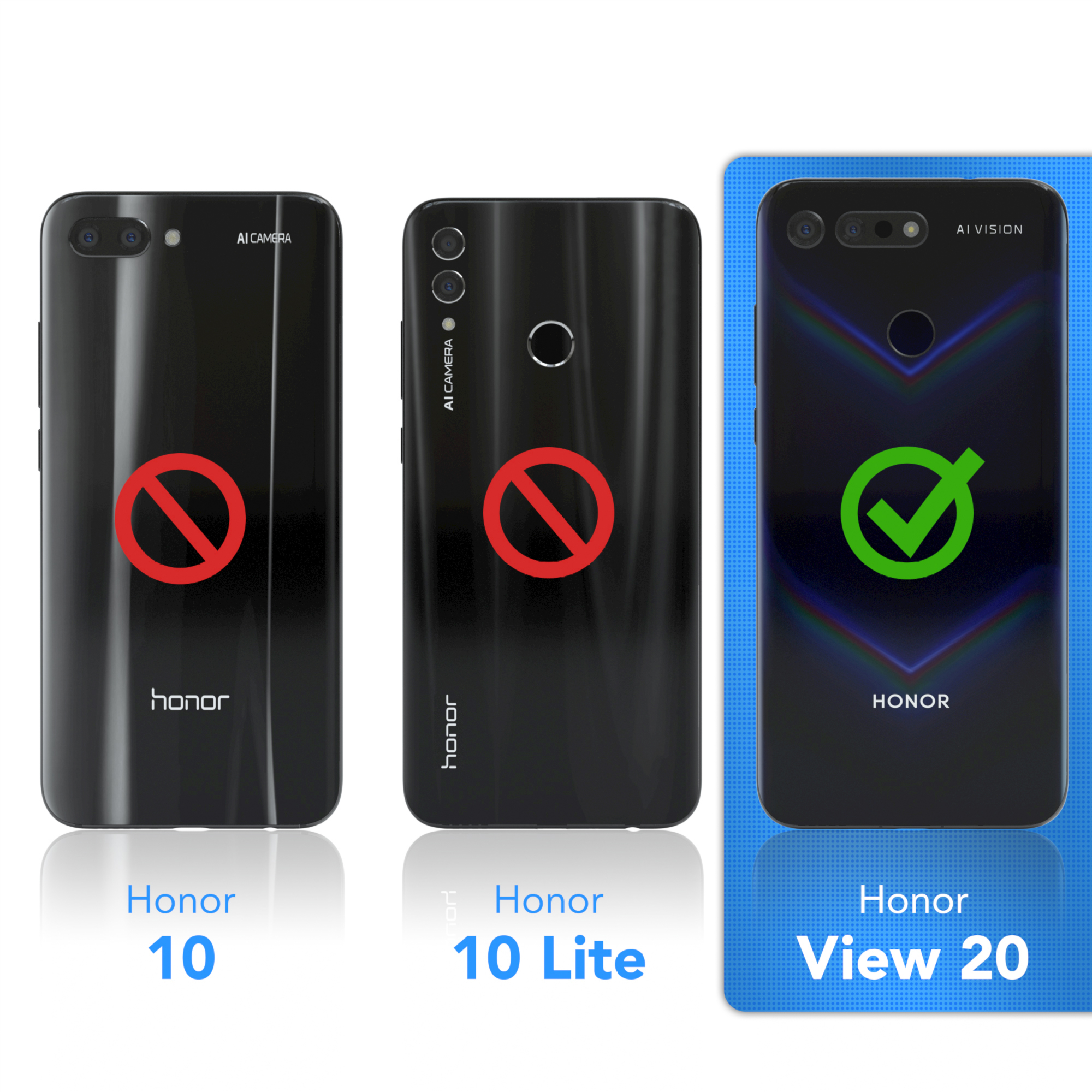 Drei Telefone in Hüllen: Honor 10, Honor 10 Lite ohne Eintrag und Honor View 20 mit einem Häkchen.