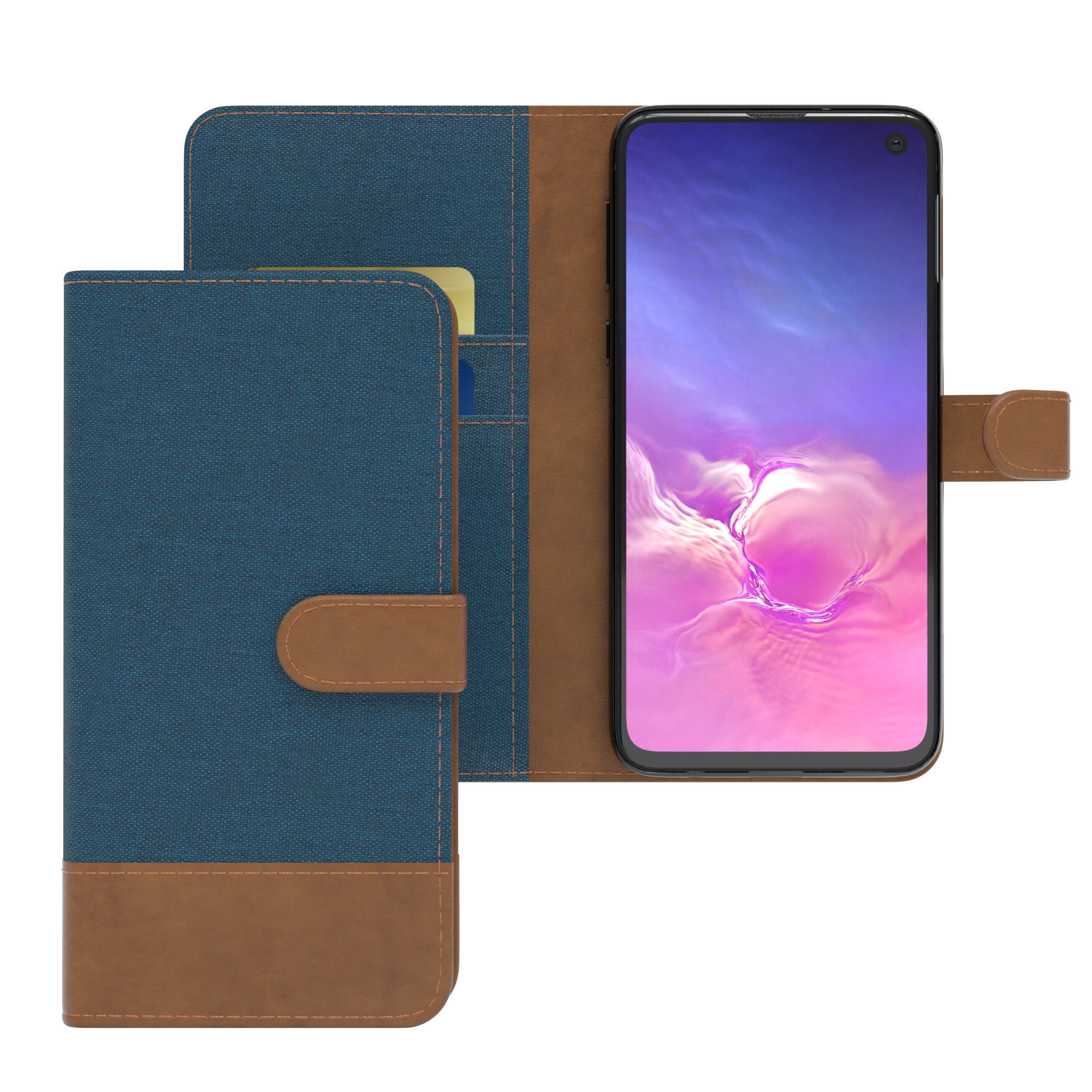 Eine blau-braune Handyhülle, offen, mit einem Telefon mit farbenfrohem Bildschirm. Die Hülle hat einen Kartensteckplatz.