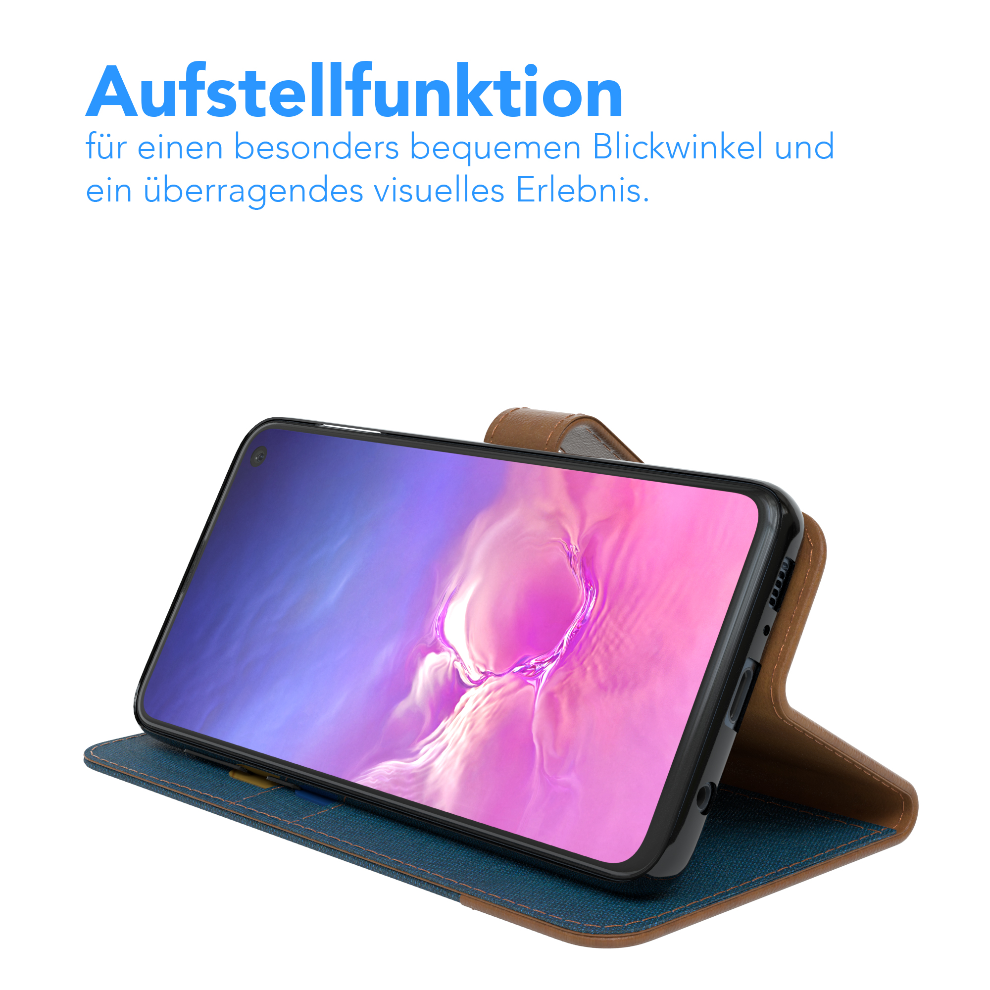 Blaue Handyhülle, mit einem Telefon darin, angewinkelt geöffnet, auf einer Oberfläche liegend. Der Bildschirm ist sichtbar.