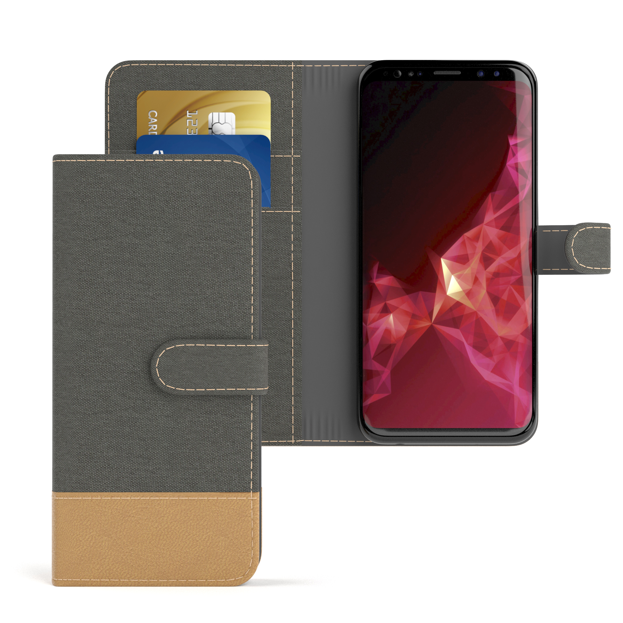 EAZY CASE Bookstyle Klapphülle Jeans Galaxy mit Bookcover, Samsung, S9, Anthrazit Grau Kartenfach