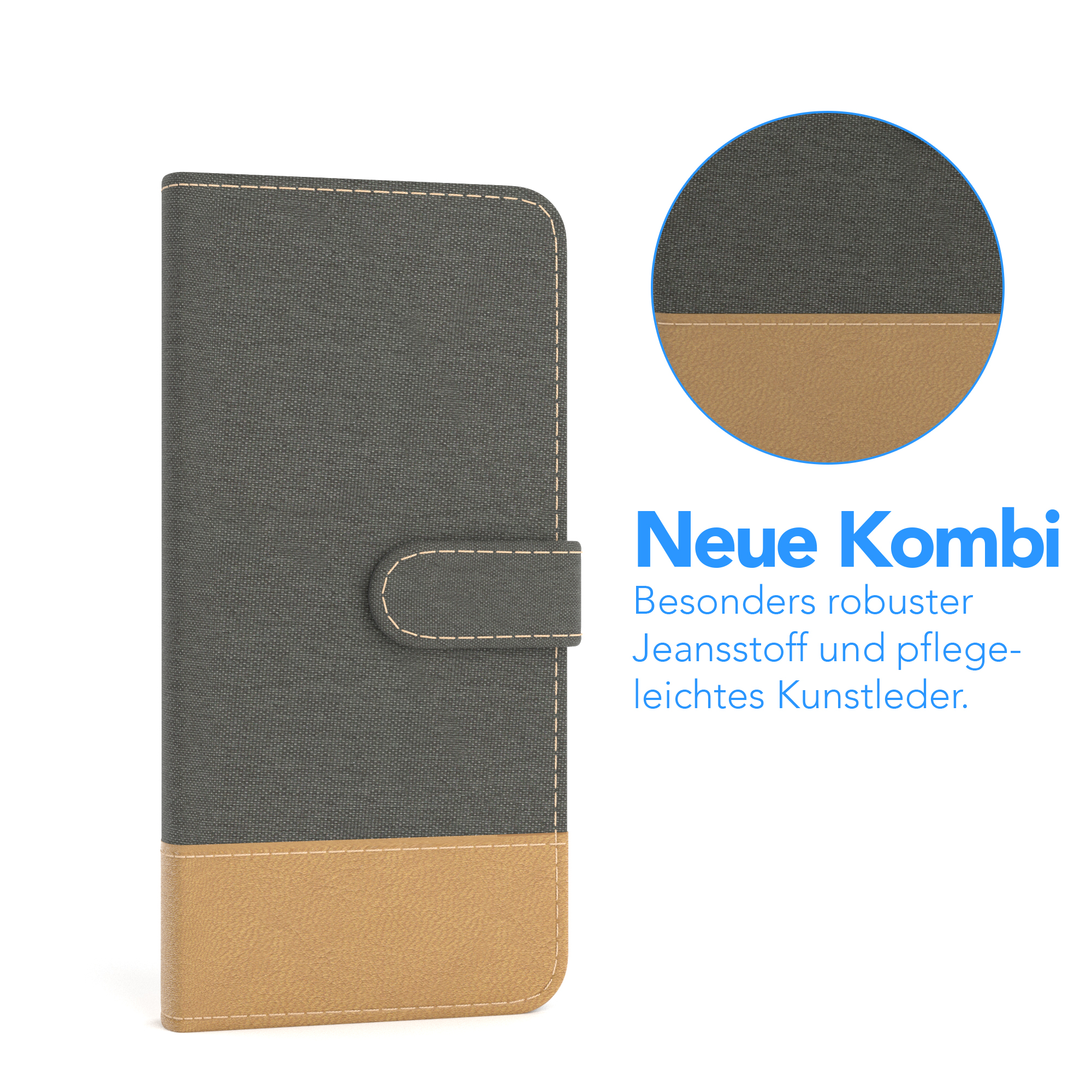 Eine Handyhülle mit zweifarbigem Design, grau und braun, mit kreisförmigem Detail.