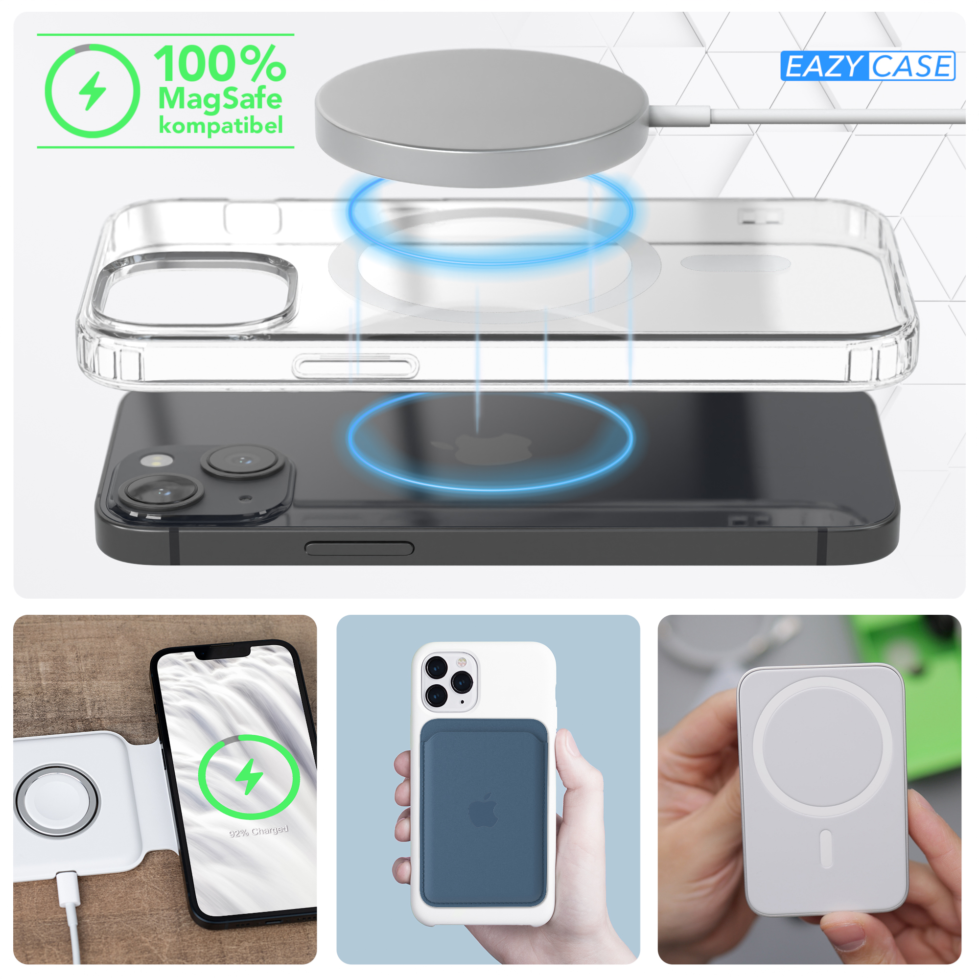 Telefon mit transparenter Hülle und MagSafe-Ladegerät. Der Text zeigt MagSafe-Kompatibilität an.