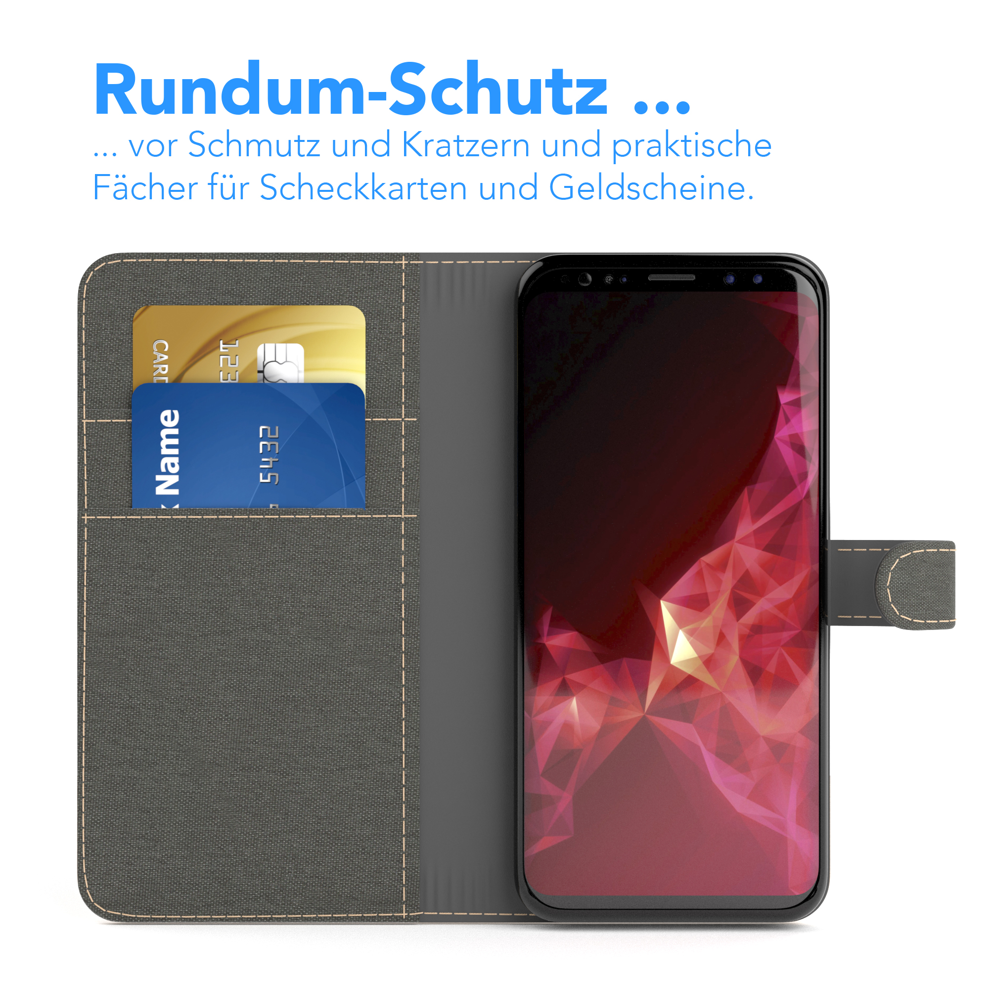 Geöffnete Handyhülle mit Kreditkarten. Goldene und blaue Karten in Schlitzen. Telefon ist in der Hülle. Dunkelgrauer Hintergrund.