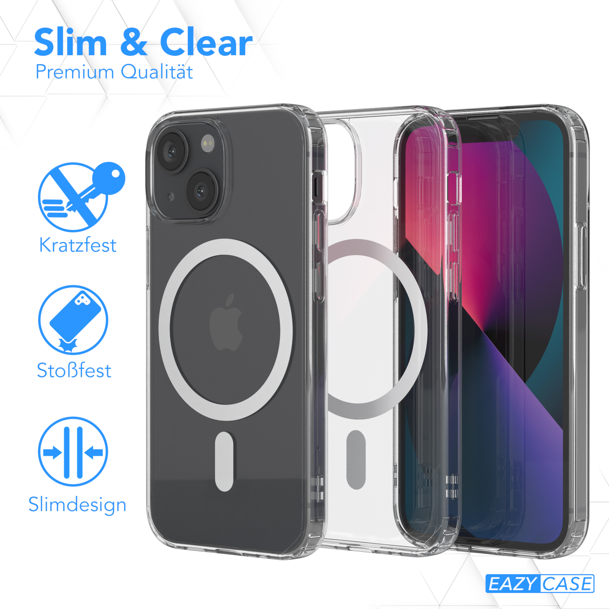 Drei Handyhüllen. Transparent, schwarz und grau. Apple-Logo sichtbar. Text 'Slim & Clear'.