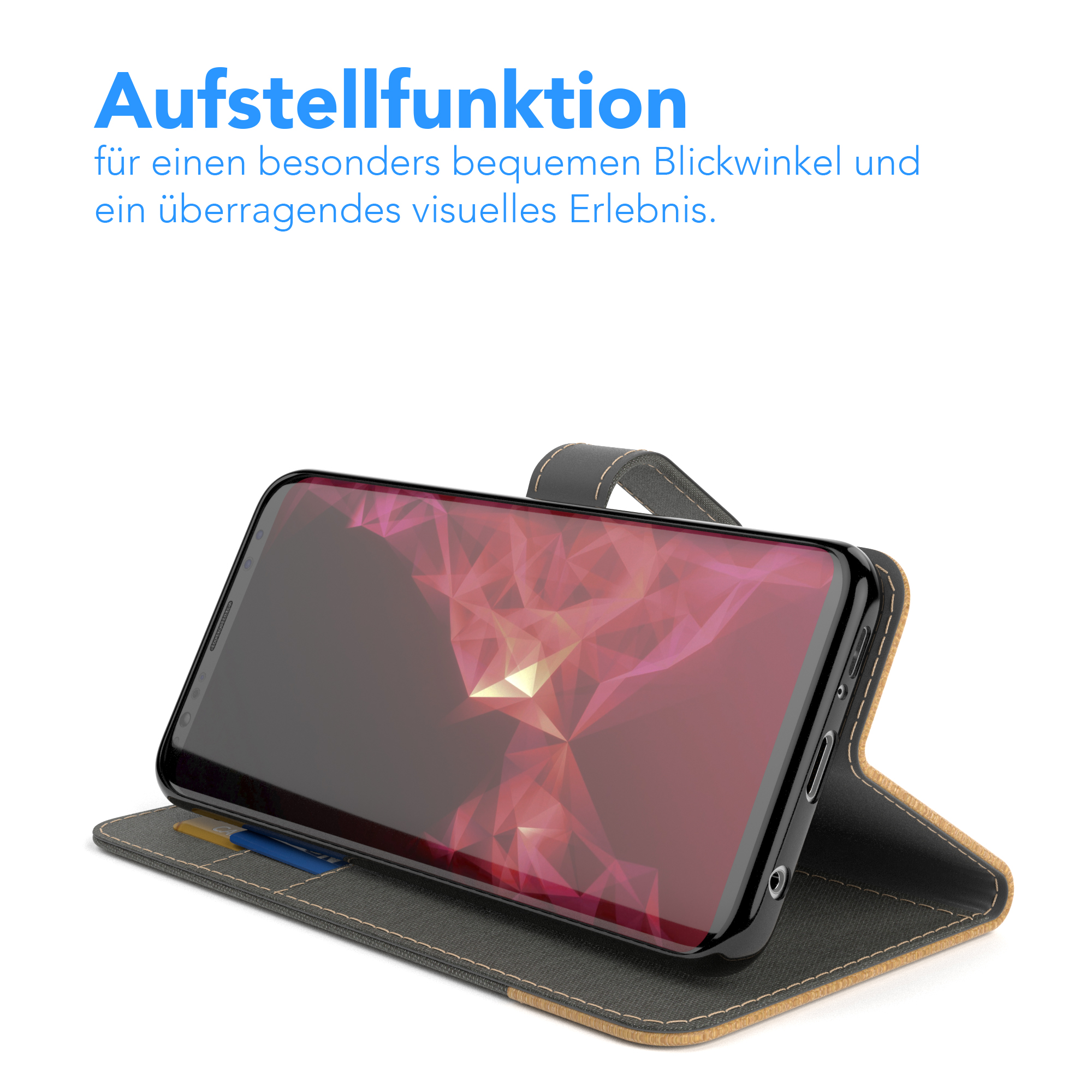 Telefon in einem Case, nach oben abgewinkelt. Text: Aufstellfunktion. Für einen bequemen Blickwinkel und visuelles Erlebnis.