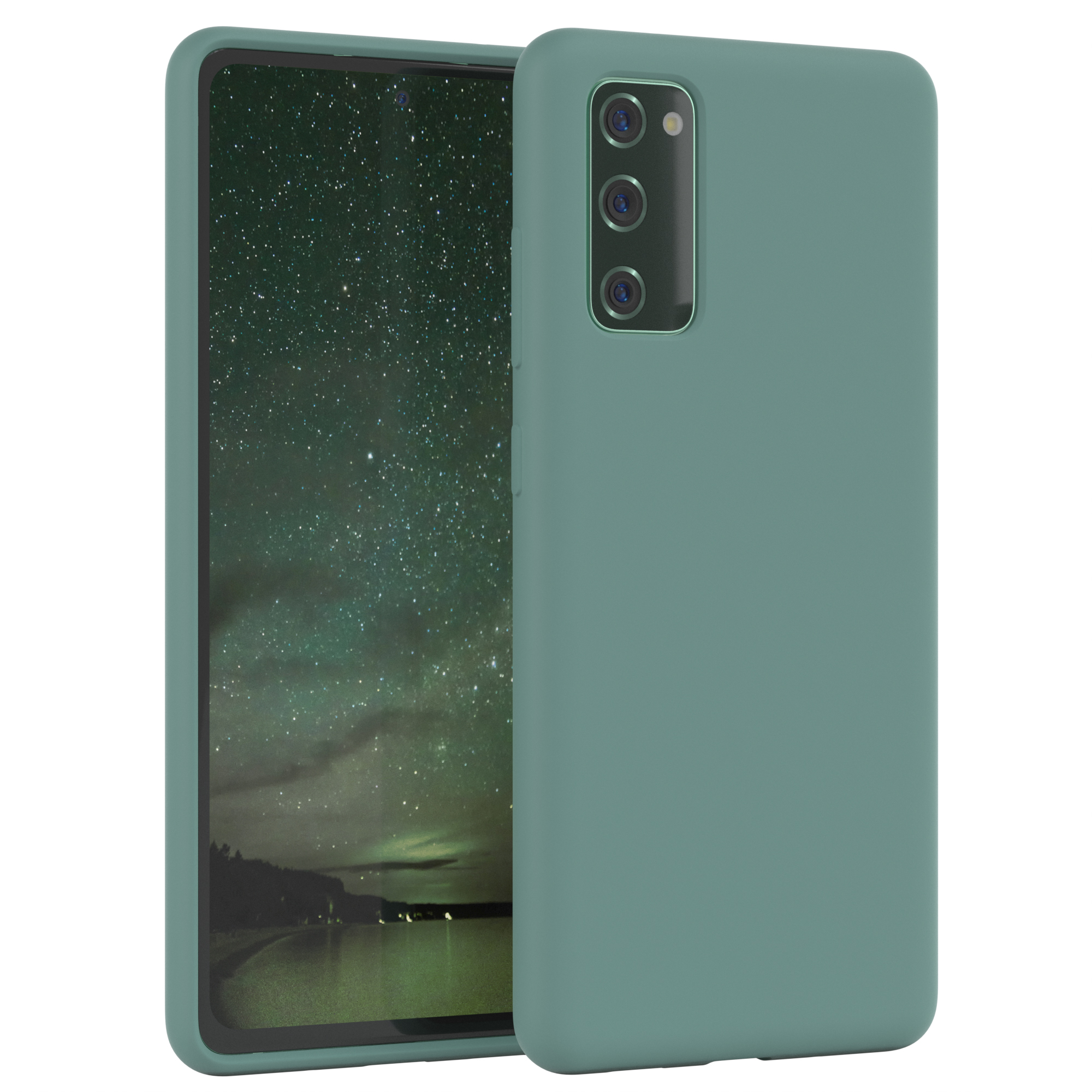 Ein grünes Telefon mit einer grünen Hülle. Die Rückseite hat drei Kameras in einer Reihe.