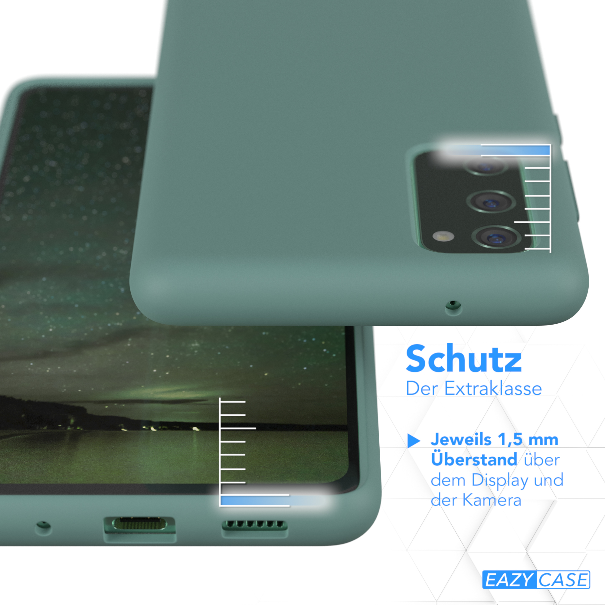 Türkis Handyhülle, Telefon teilweise darin. Text: Schutz, Der Extraklasse. 1,5 mm über Display und Kamera.