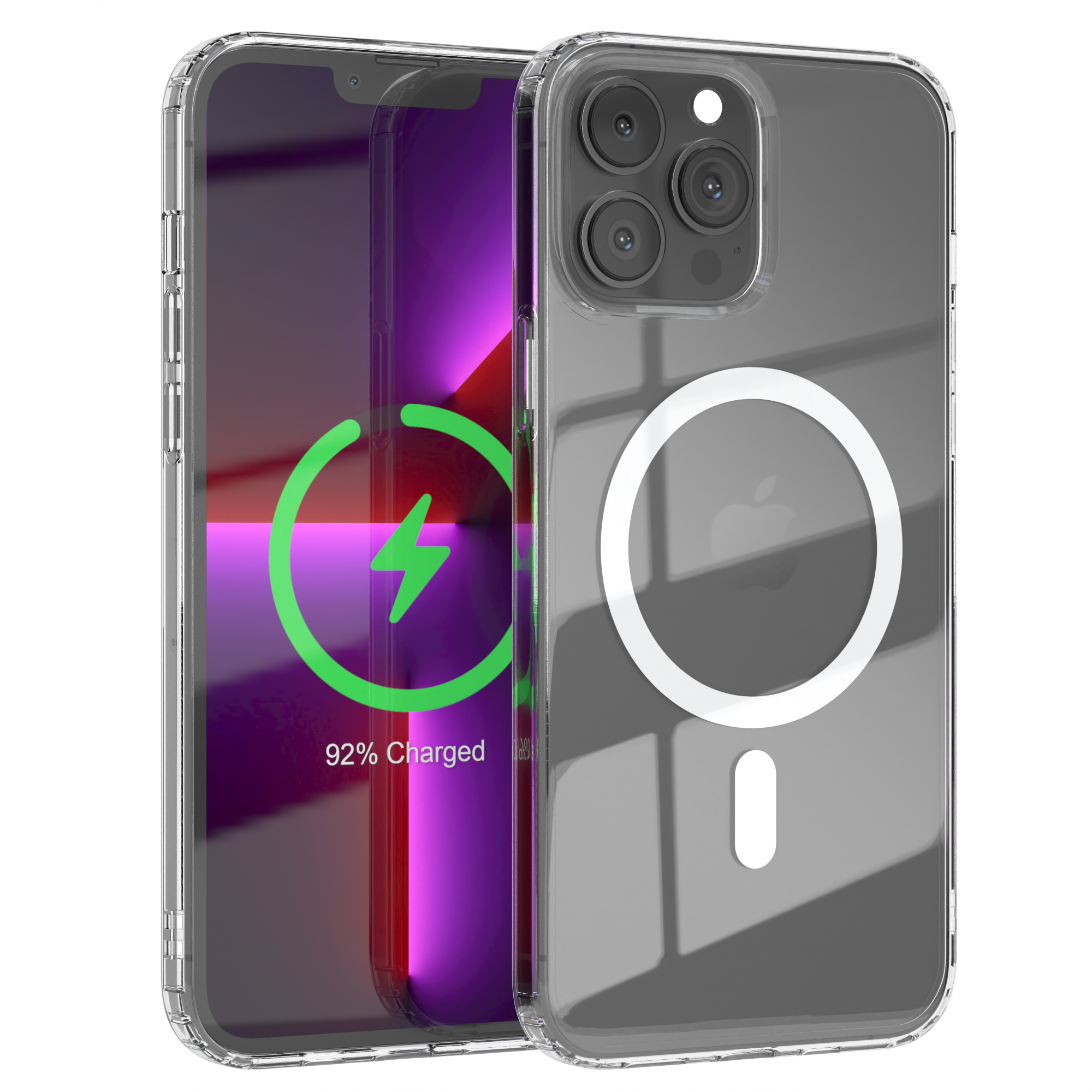 Zwei Telefone in transparenten Hüllen. Eines zeigt ein grünes Ladesymbol. Das andere zeigt die Kamera.