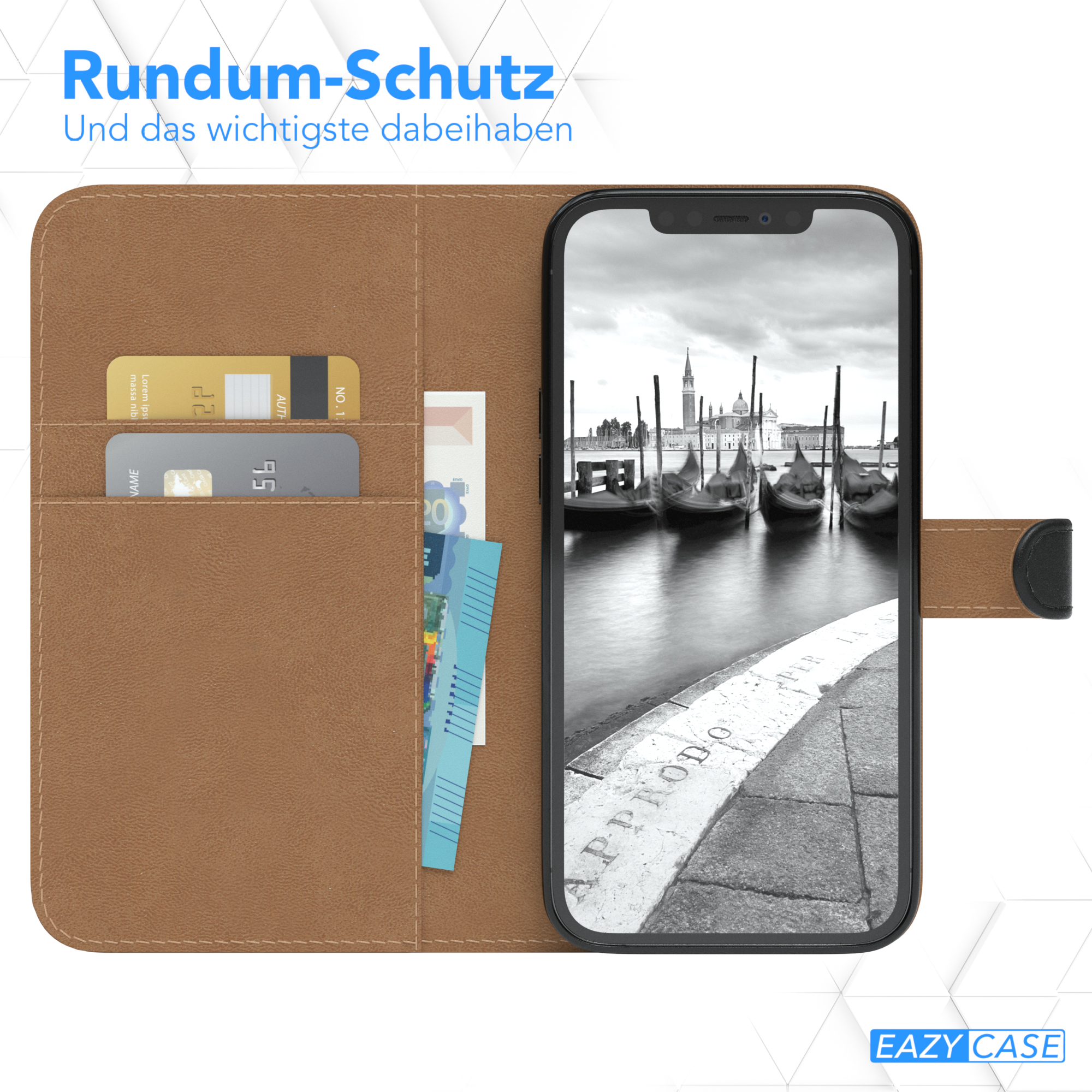 Telefon in einer Hülle mit Blick auf einen venezianischen Kanal. Text: 'Rundum-Schutz... Und das wichtigste dabei haben'.