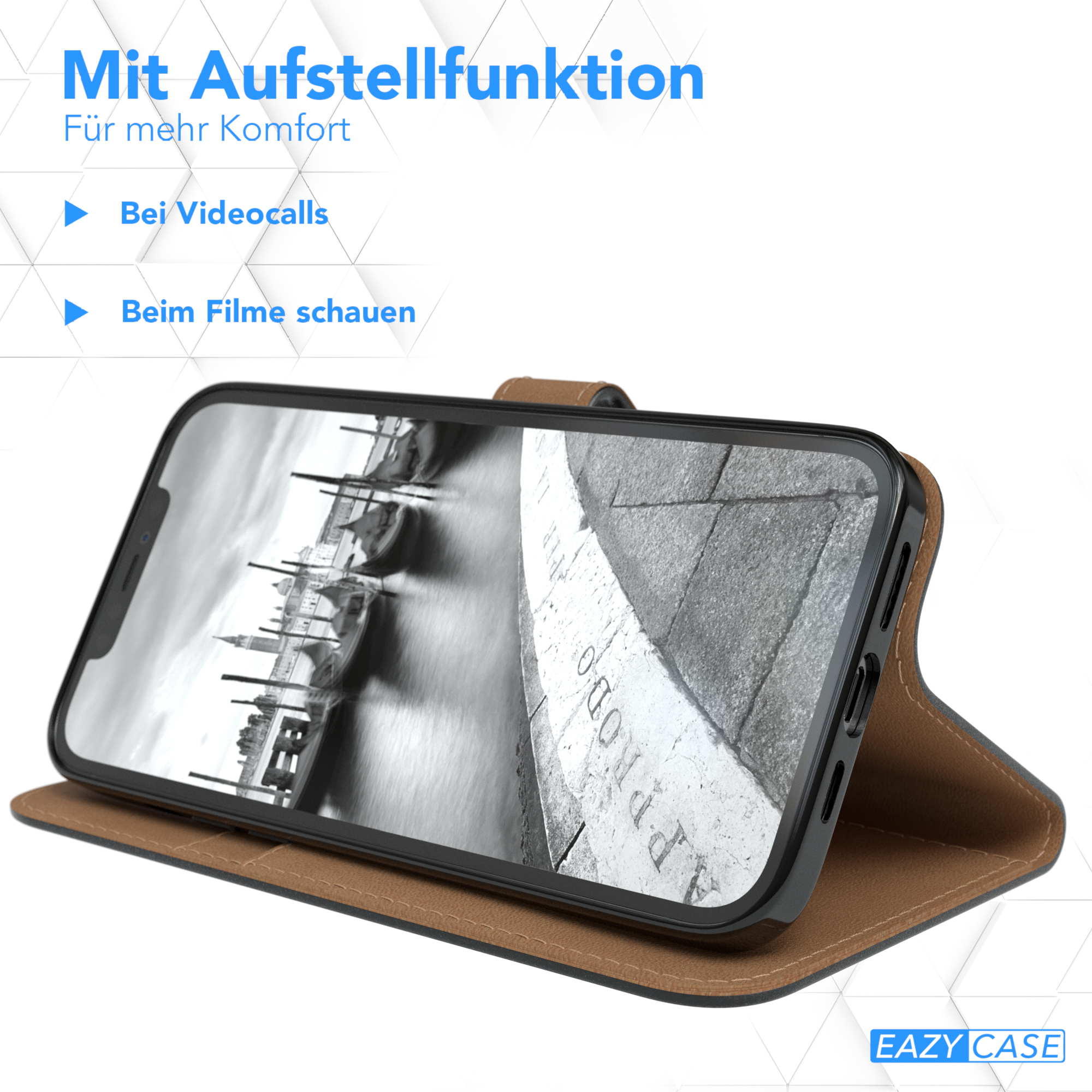 Telefon in einer braunen Hülle mit Aufstellfunktion, zeigt ein Bild.