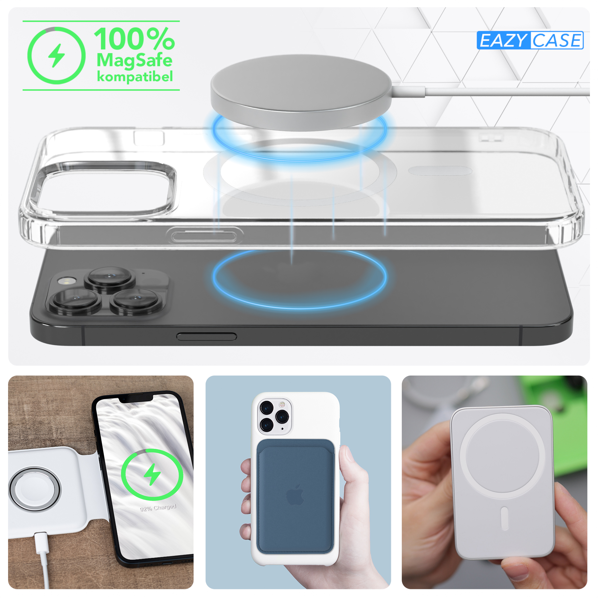 Mehrere Bilder eines kabellos ladenden Telefons mit MagSafe. Klare Hülle über dem Telefon.