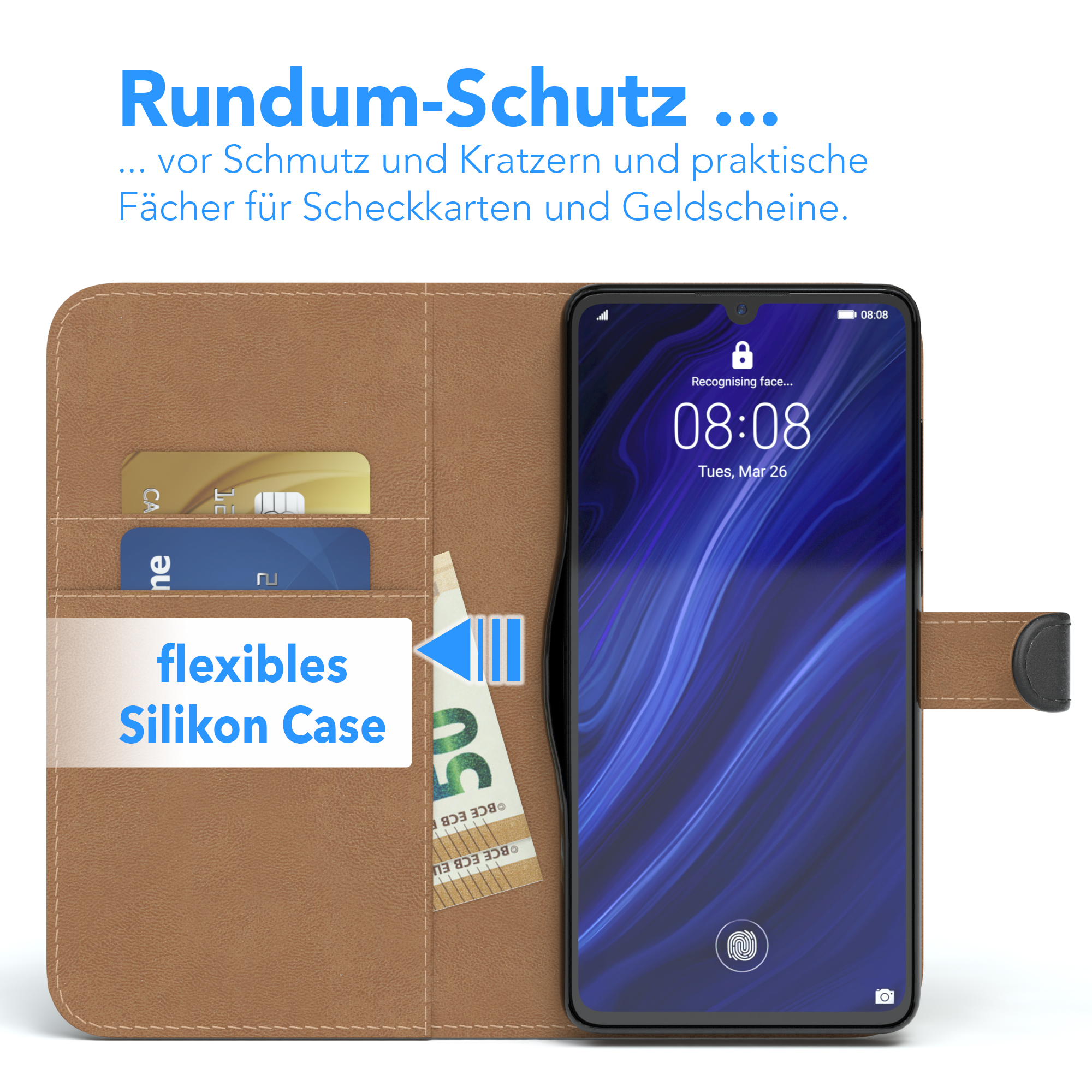 Geöffnete Handyhülle mit Kreditkarten und Bargeld im Inneren, ein Telefon auf der rechten Seite. Text auf dem Telefon.