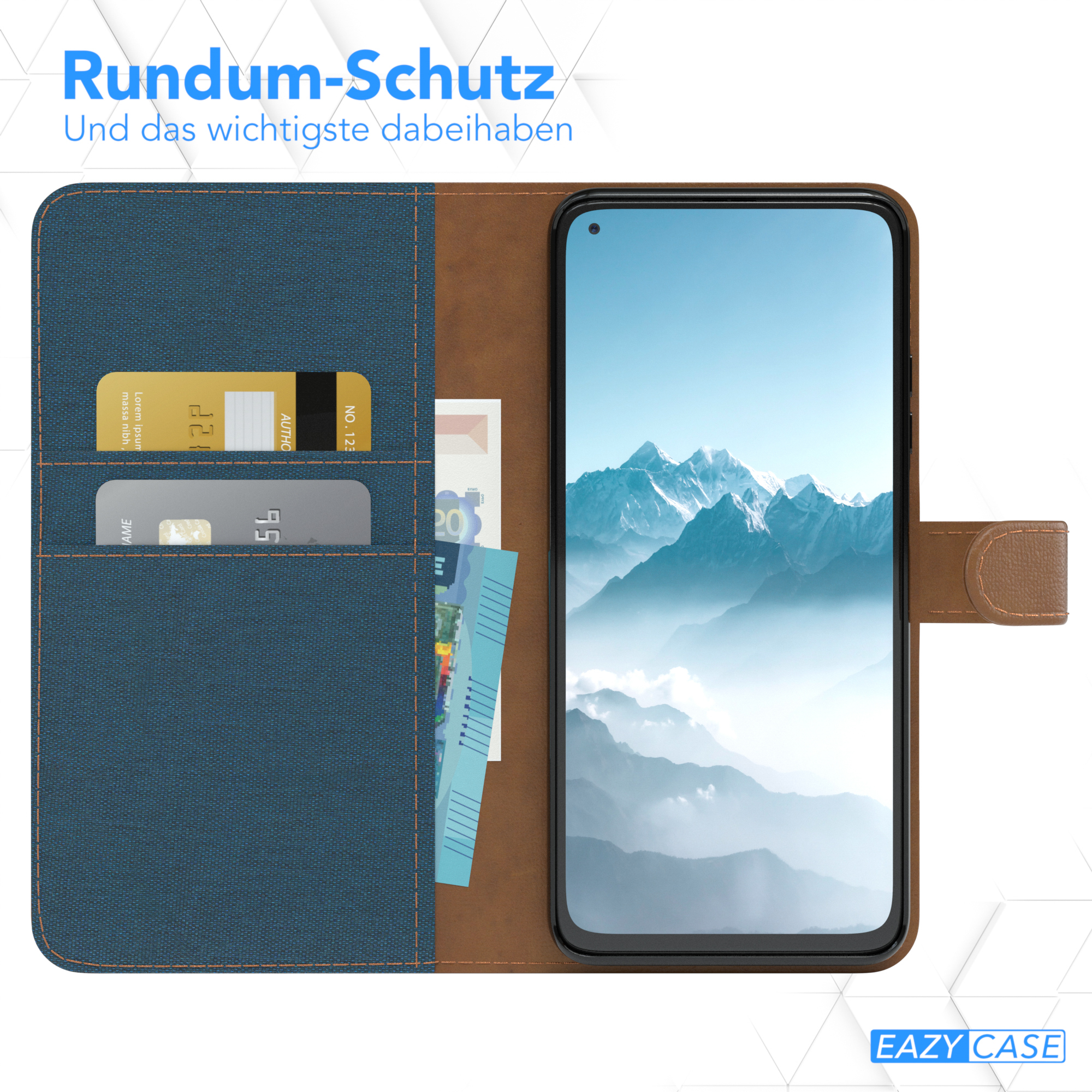 Telefon in einer Hülle mit Karten- und Geldfächern, mit Text über Schutz.