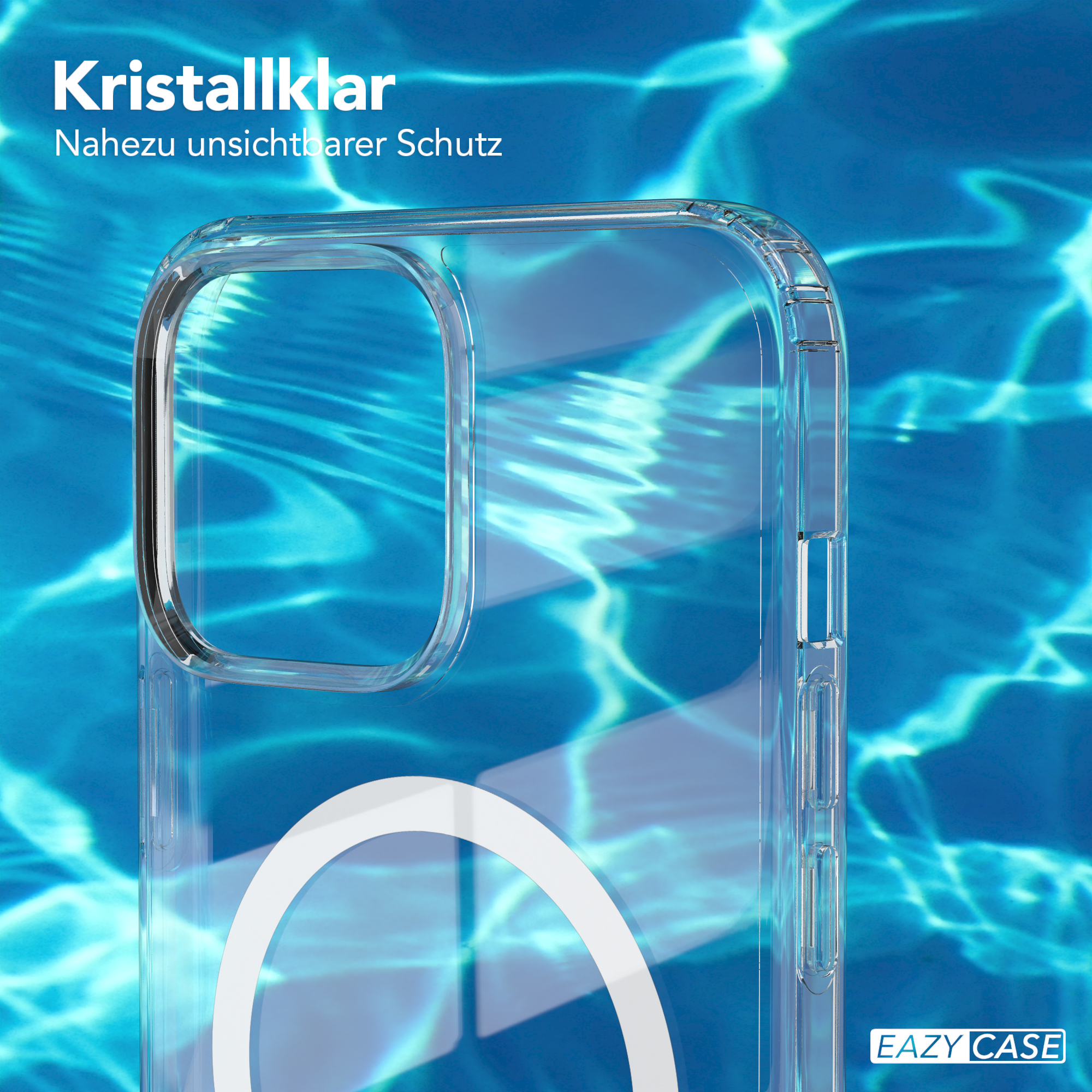Transparente Handyhülle mit Wasserhintergrund. Text: Kristallklar, nahezu unsichtbarer Schutz.