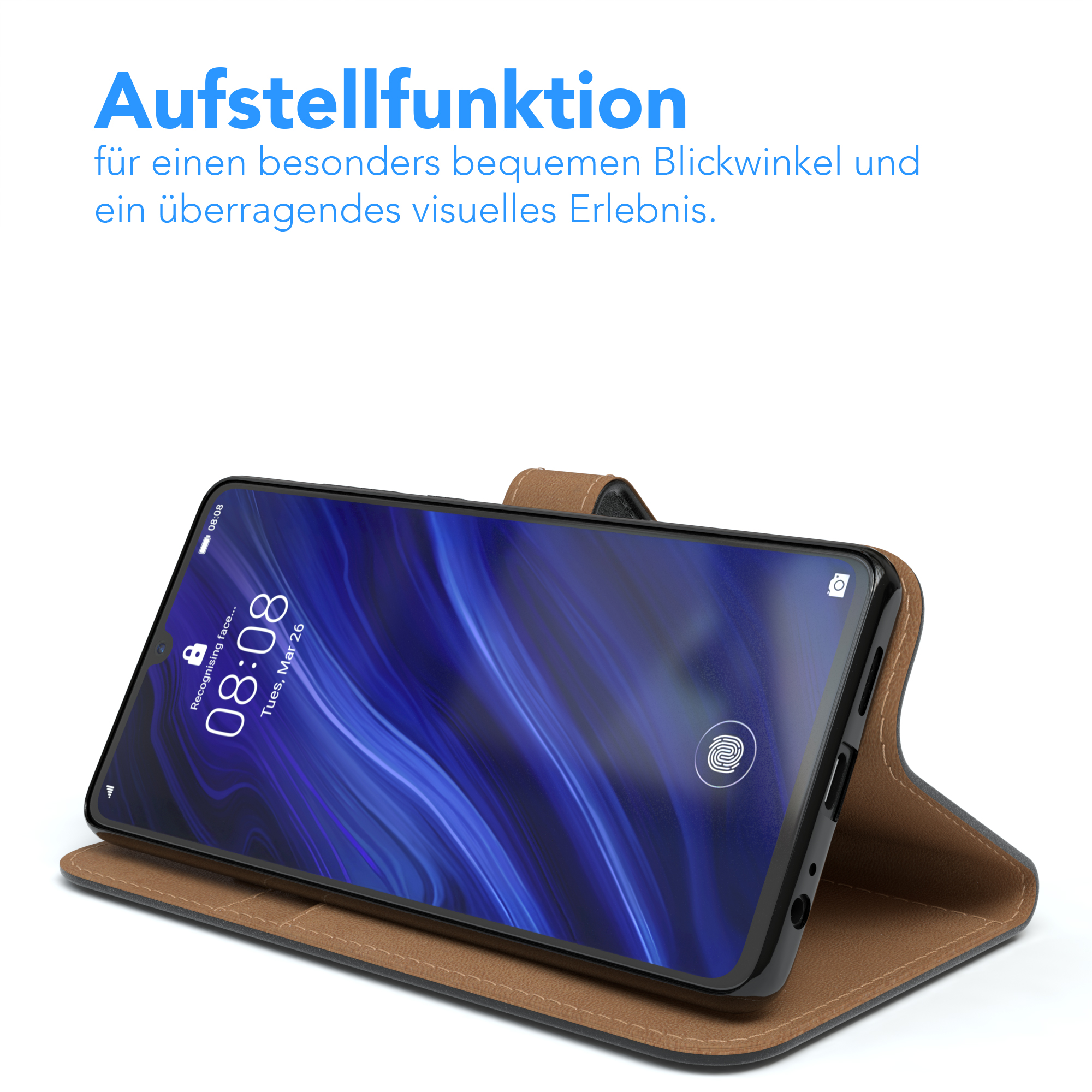 Ein Telefon in einer braunen Lederhülle. Der Bildschirm zeigt eine Digitaluhr und ein Fingerabdrucksymbol.
