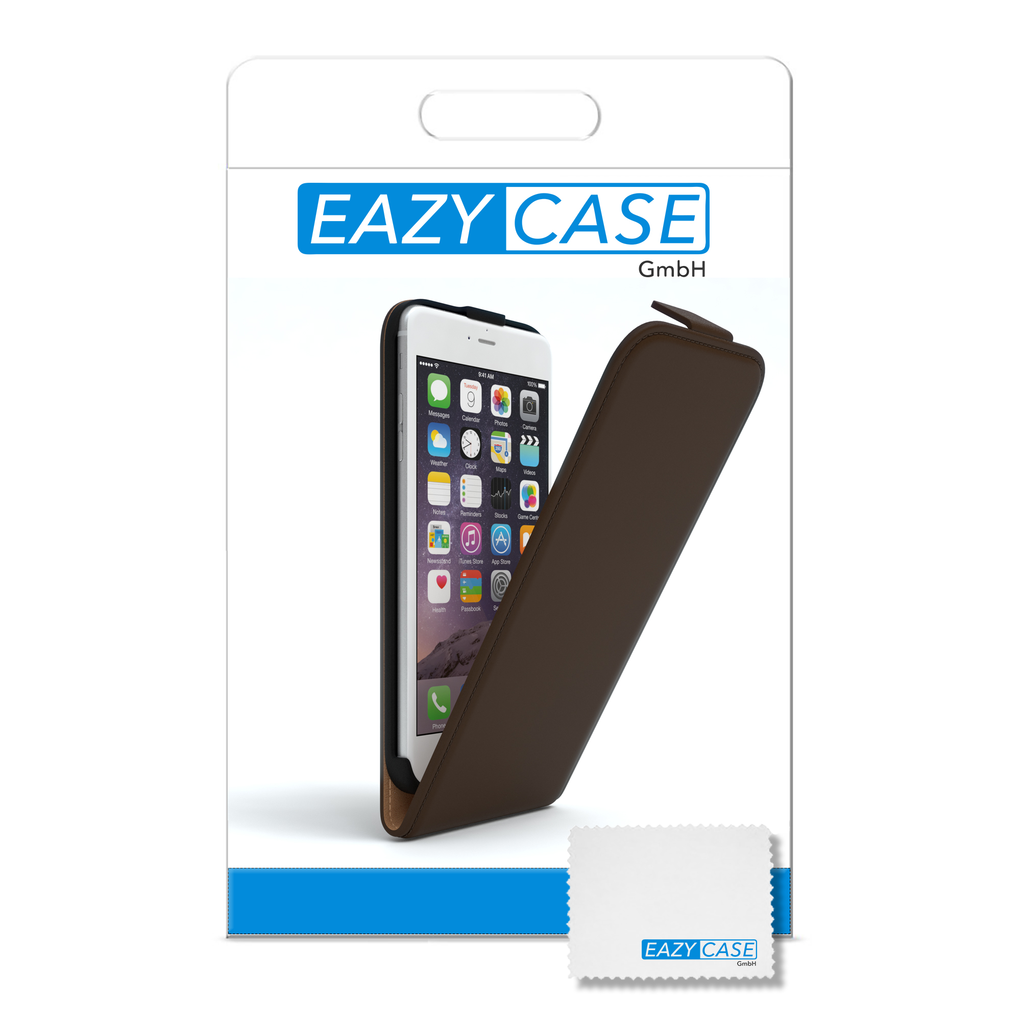 Telefon in brauner Hülle mit Reinigungstuch. EAZY CASE Verpackung mit Markennamen.