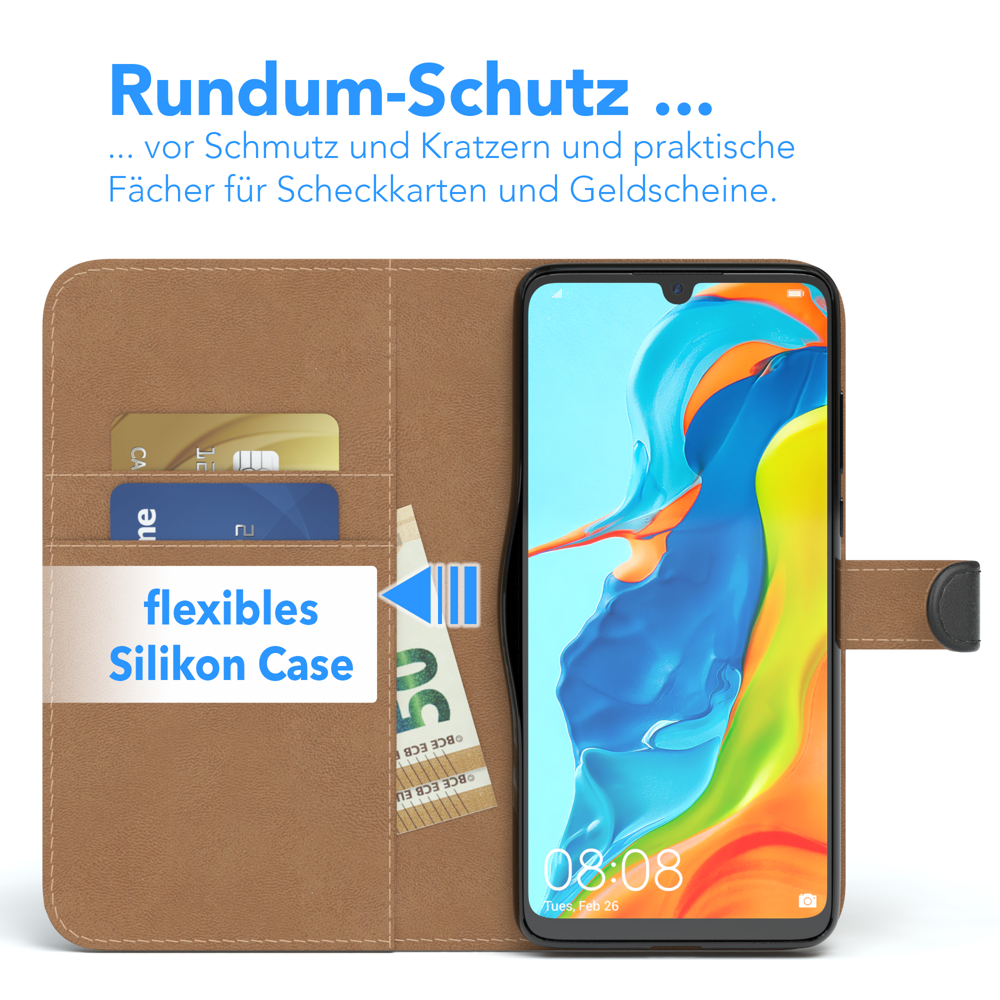 Ein Telefon in einer braunen Hülle mit Kartenfächern und einer Rechnung, die den Bildschirm zeigt.