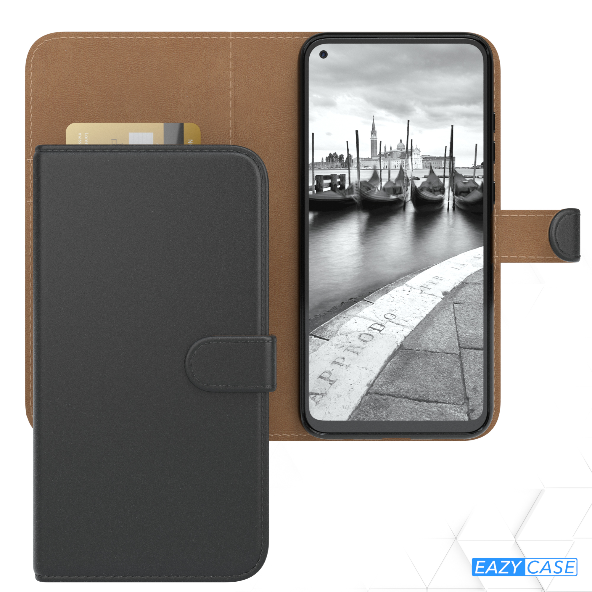 Schwarz-braune Handyhülle mit Venedig-Foto auf dem Telefon.